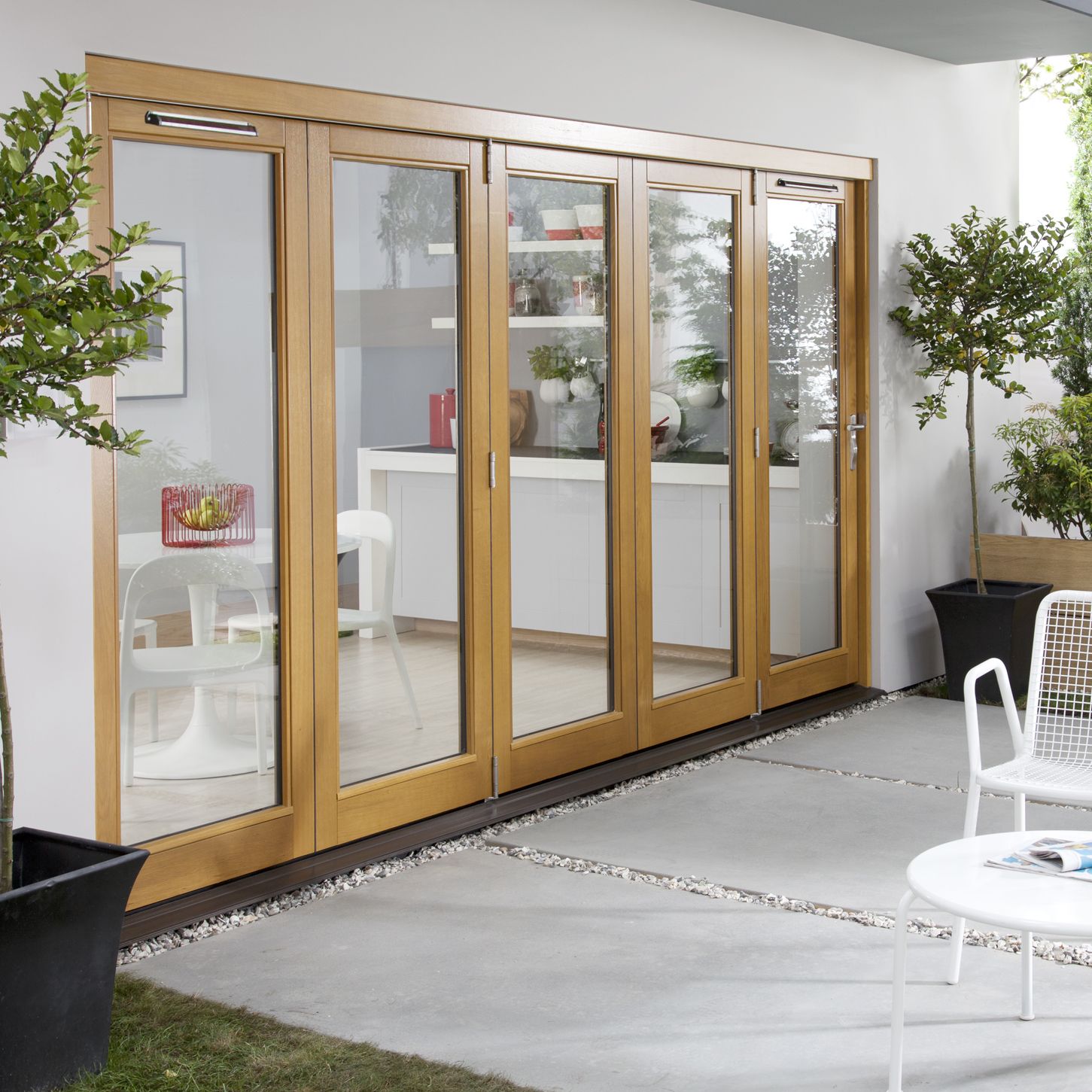 Solid Laminated Oak Glazed Folding Sliding Patio Doors, (H)2104mm (W