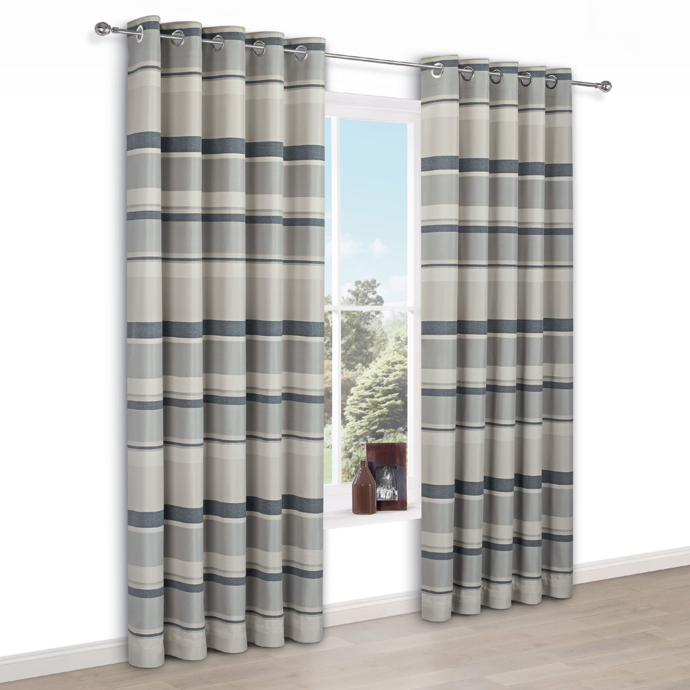 Cheyla Grey Stripe Eyelet Lined Curtains (W)167 Cm (L)183 Cm ...