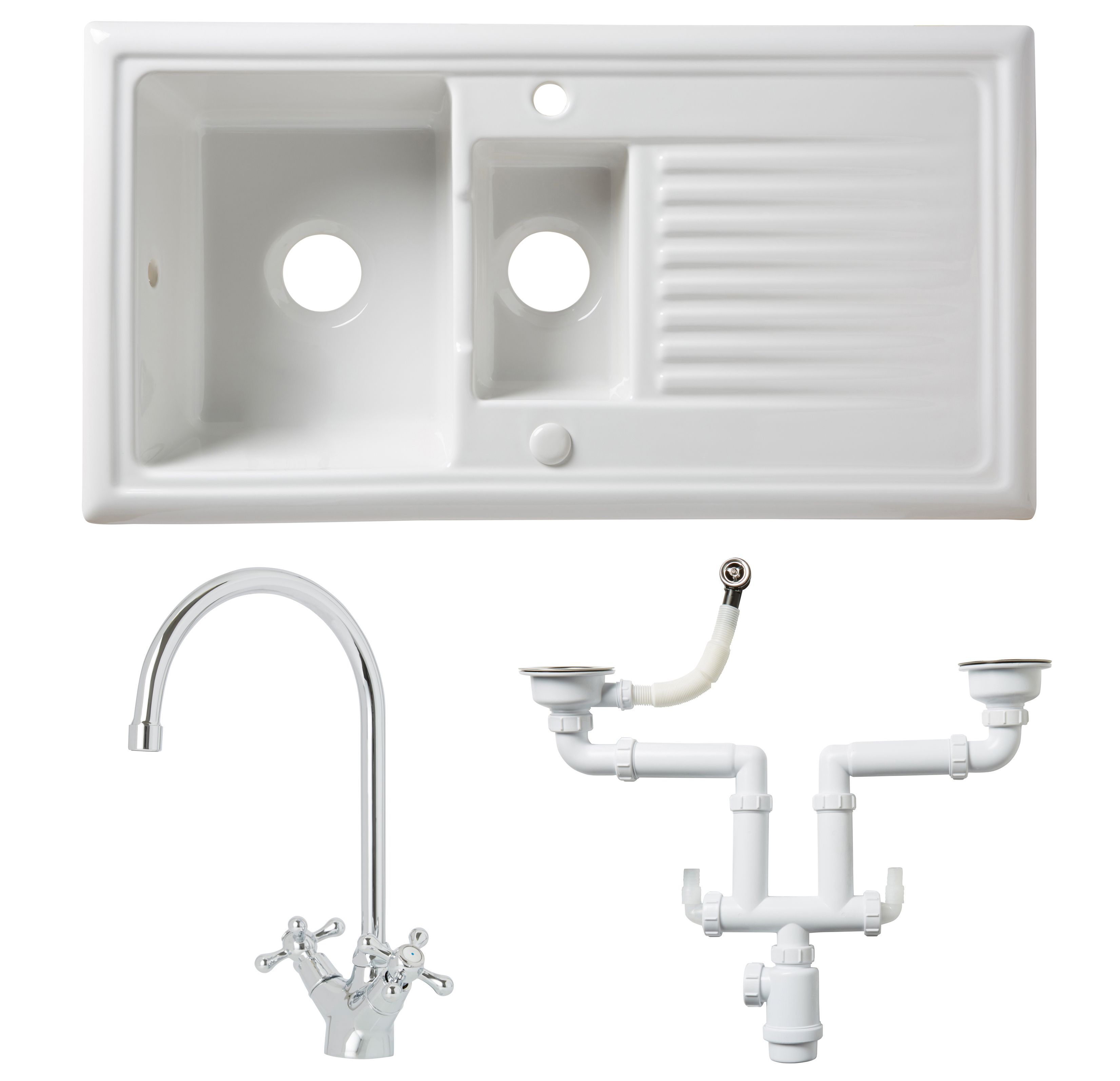 Cooke & Lewis Burbank 1.5 bowl White Ceramic Sink, tap & waste kit
