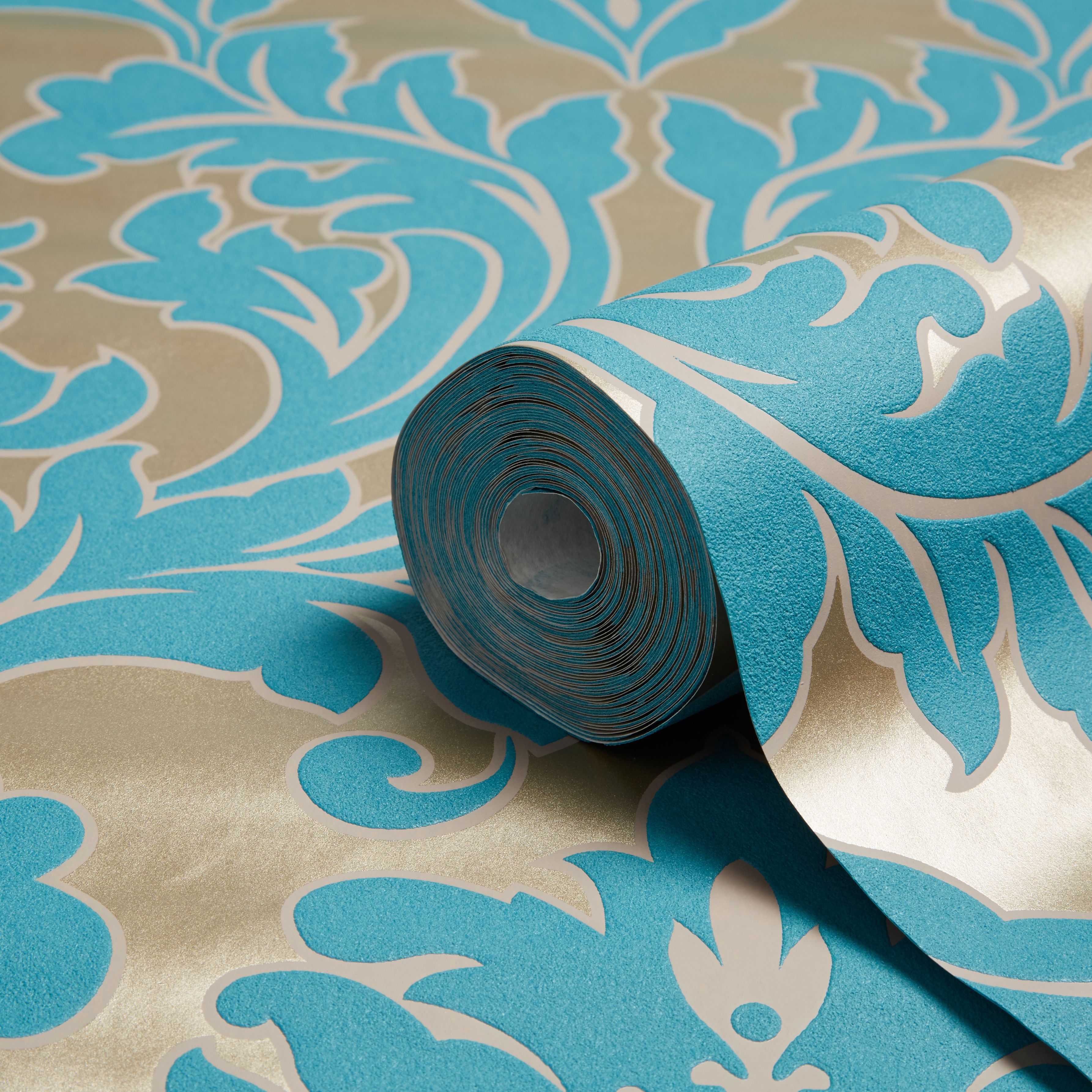 Graham & Brown Superfresco Easy Teal Damask Metallic Effect Wallpaper