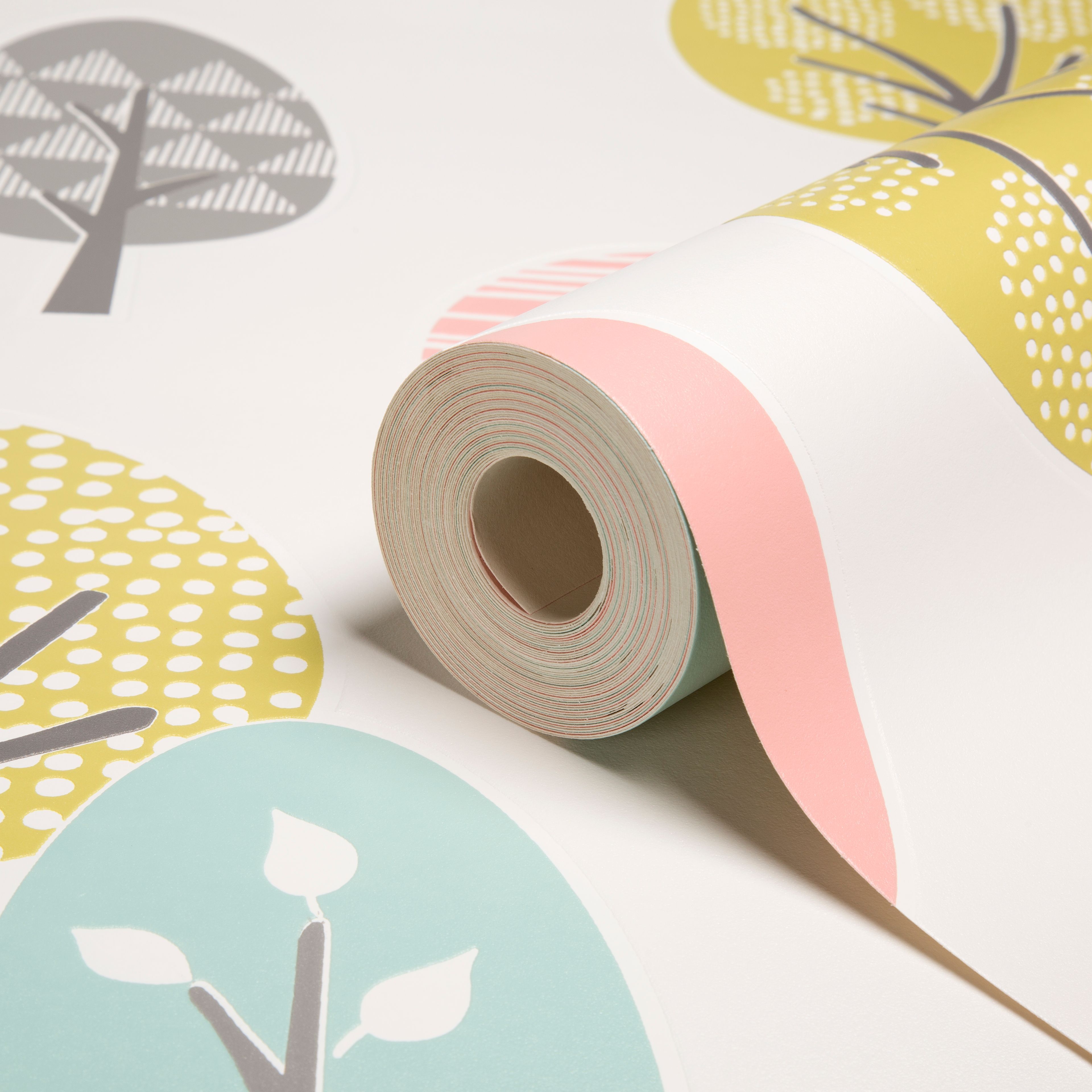 Contour Duck Egg, Green & Pink Trees Wallpaper | Departments | DIY At B&Q