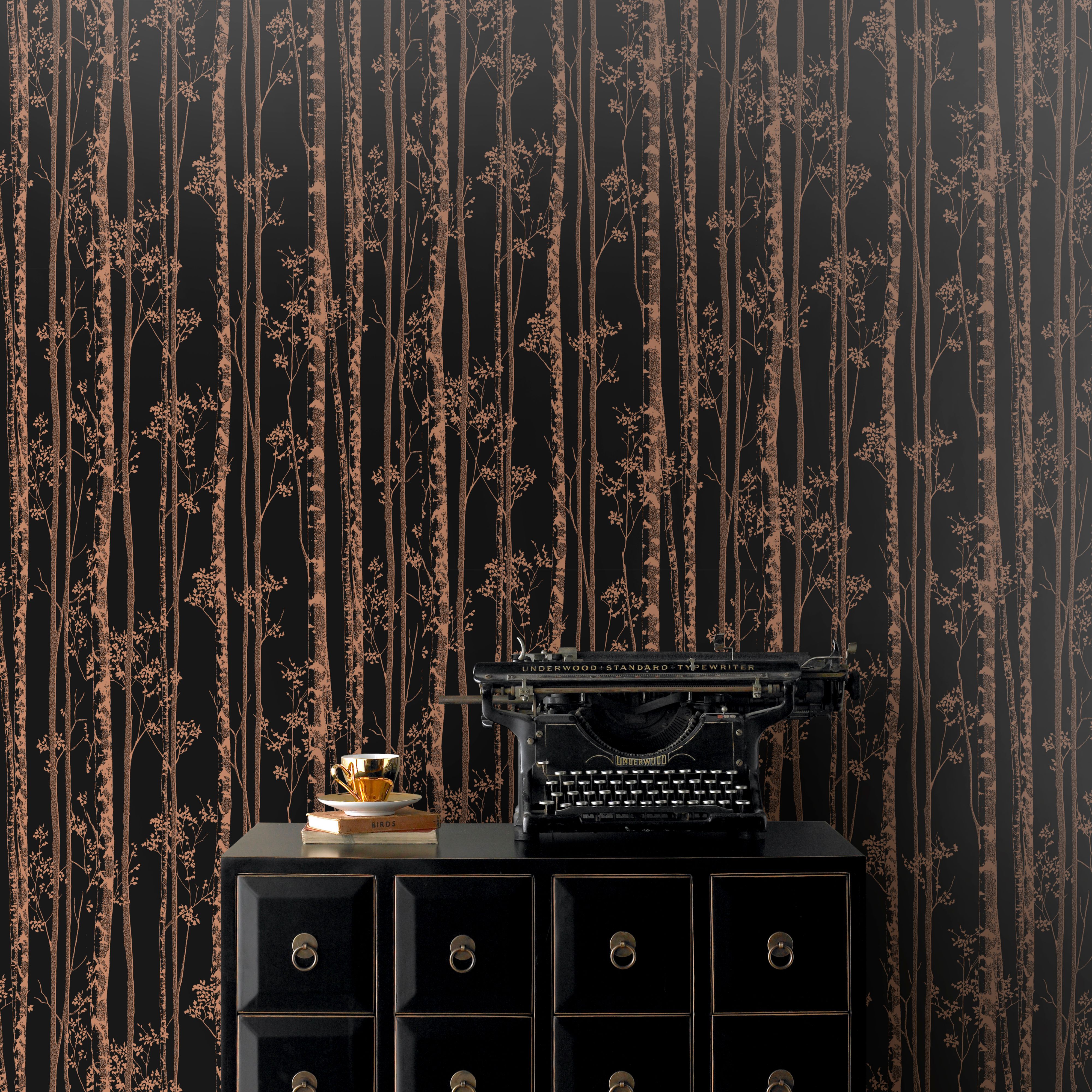 Pure Black & Copper Linden Metallic Effect Wallpaper | Departments