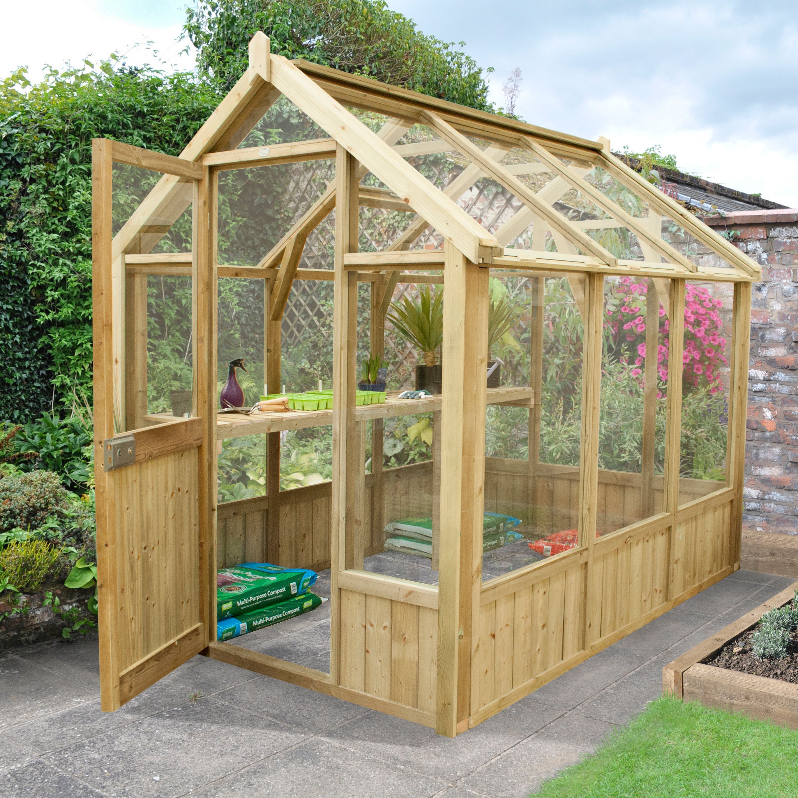 Forest Garden Vale Wooden 8X6 Toughened Glass Greenhouse - Departments ...