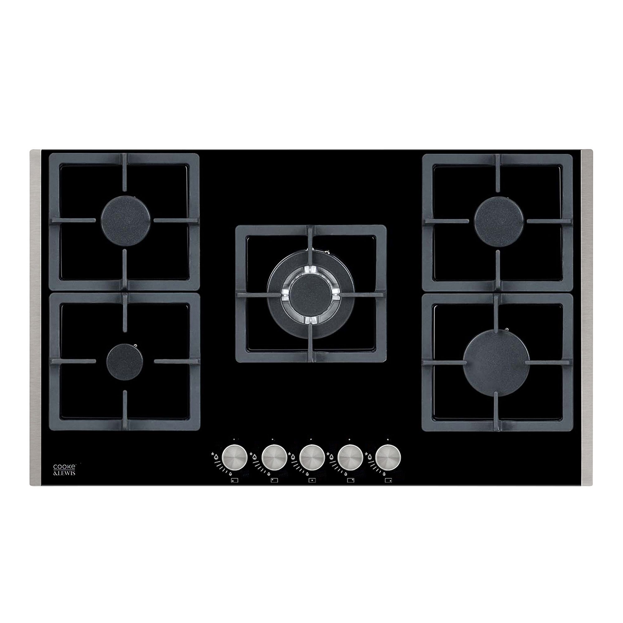 Cooke & Lewis HG90GGCL 5 Burner Black Cast Iron & Glass Gas On Glass