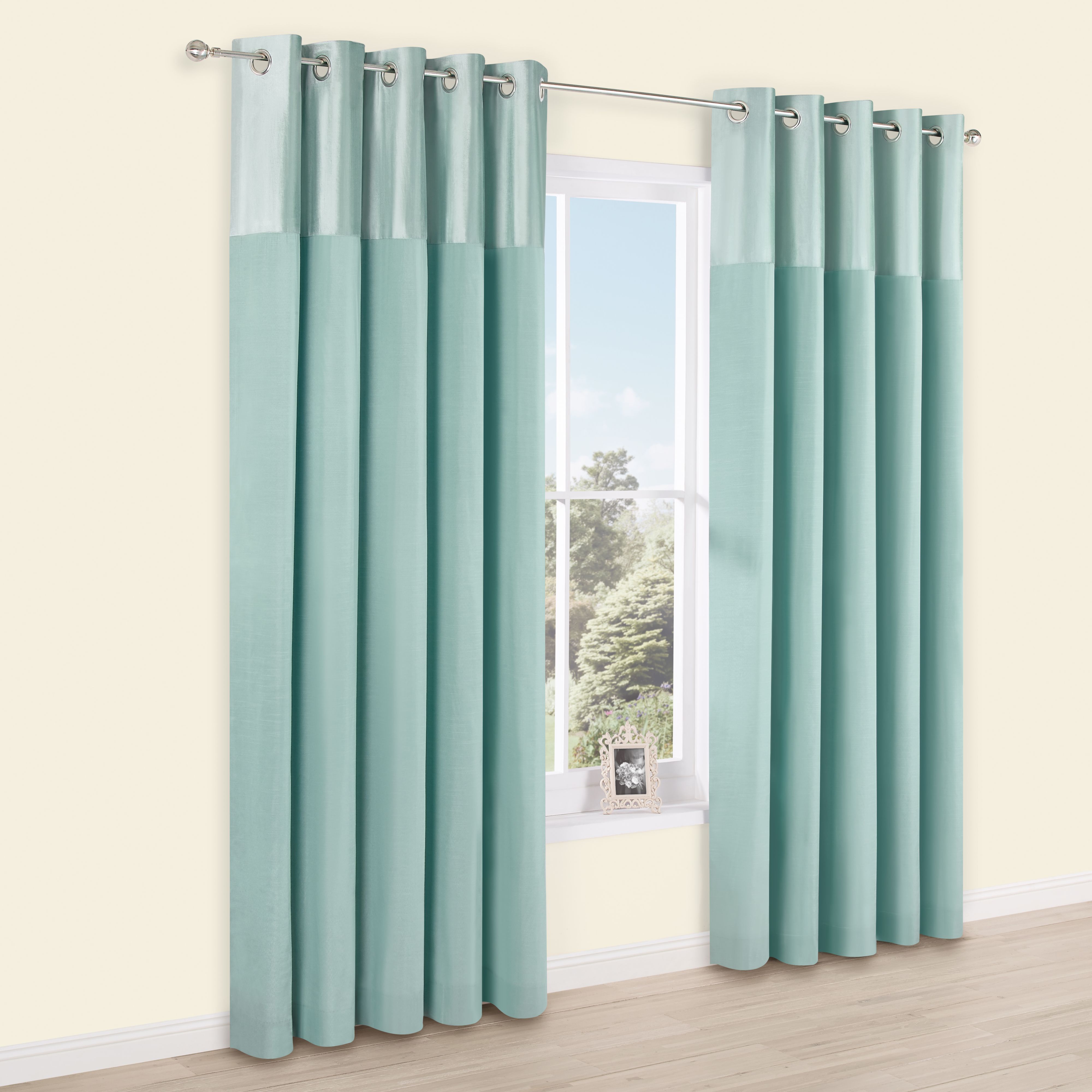 Duck Egg Panelled Velvet & Faux Silk Eyelet Lined Curtains (W