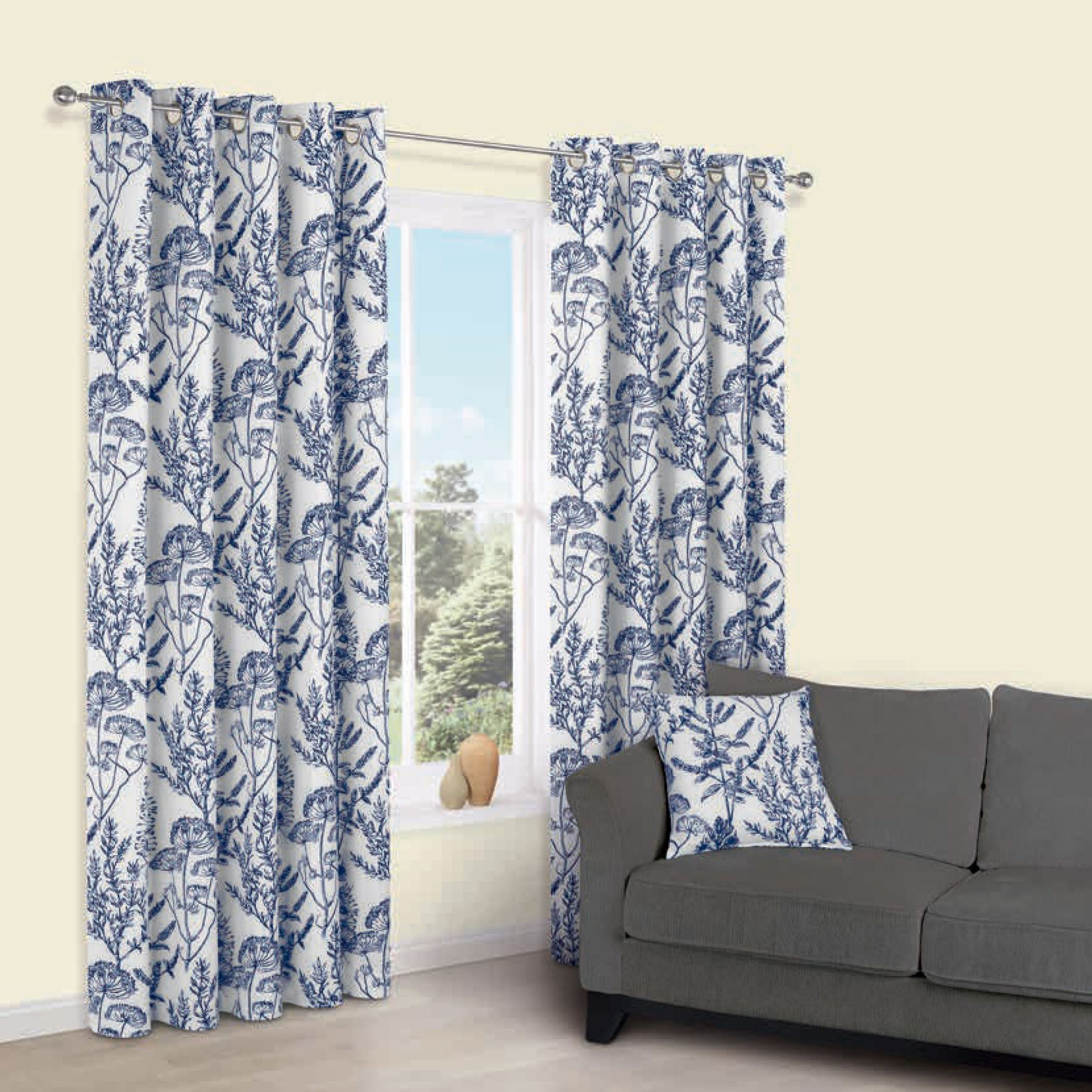 Charde Blue Meadow Print Eyelet Lined Curtains (W)167 cm (L)228 cm