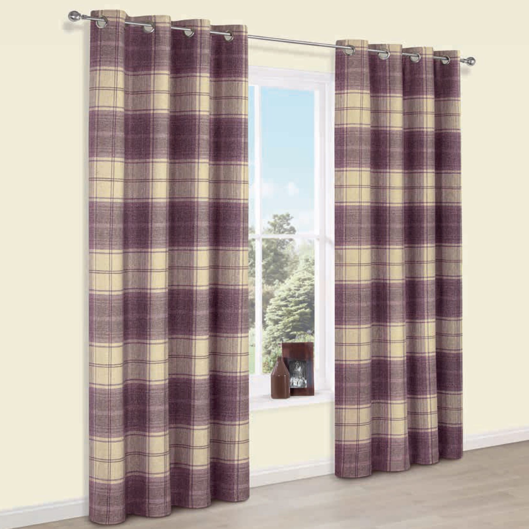 Esmeralda Purple Check Thermal Eyelet Lined Curtains (W)167 cm (L)183