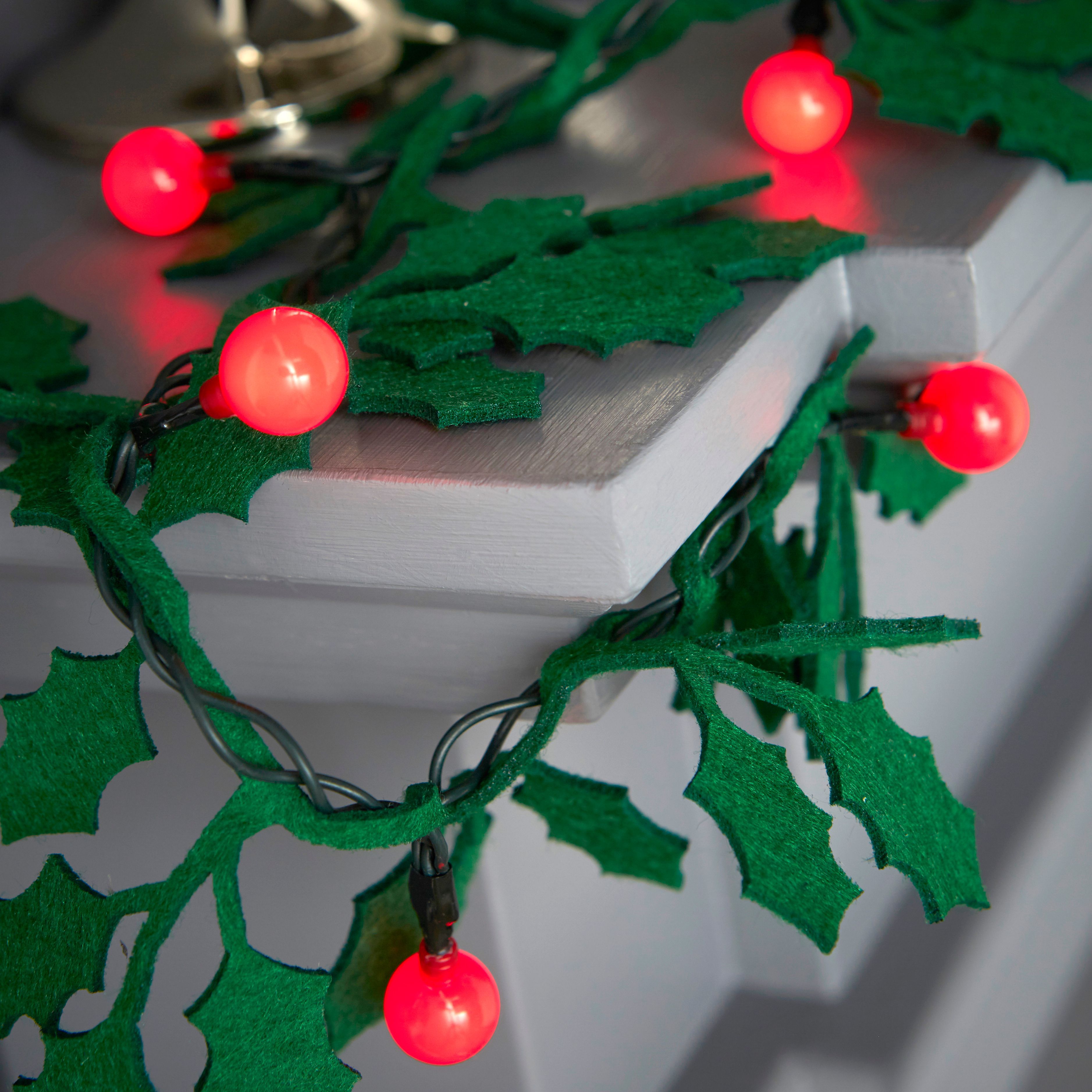 Battery Operated 20 Red LED Felt Holly Berry Bulb String Lights ...