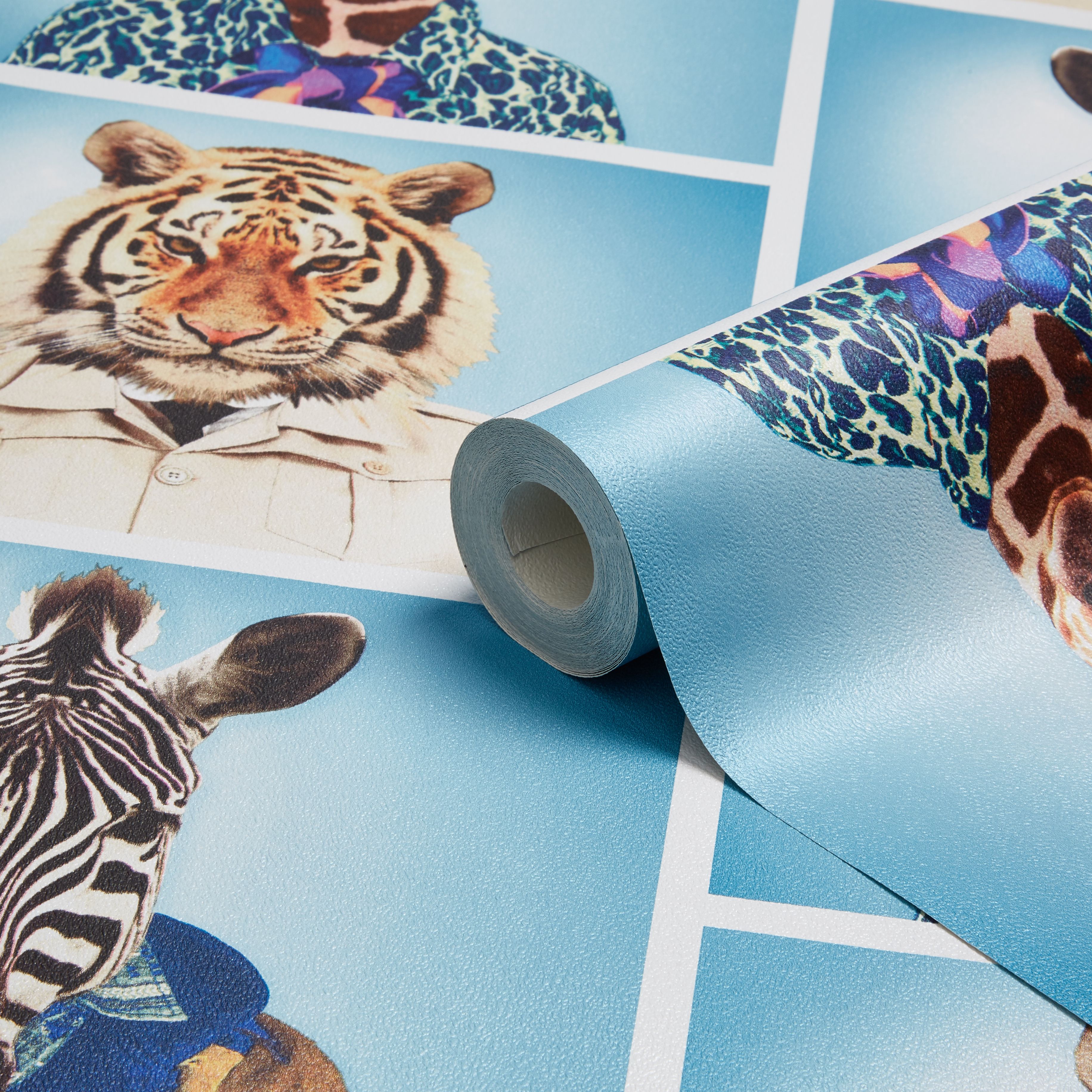 Muriva Blue Animal Photo Booth Mica Wallpaper Clearance