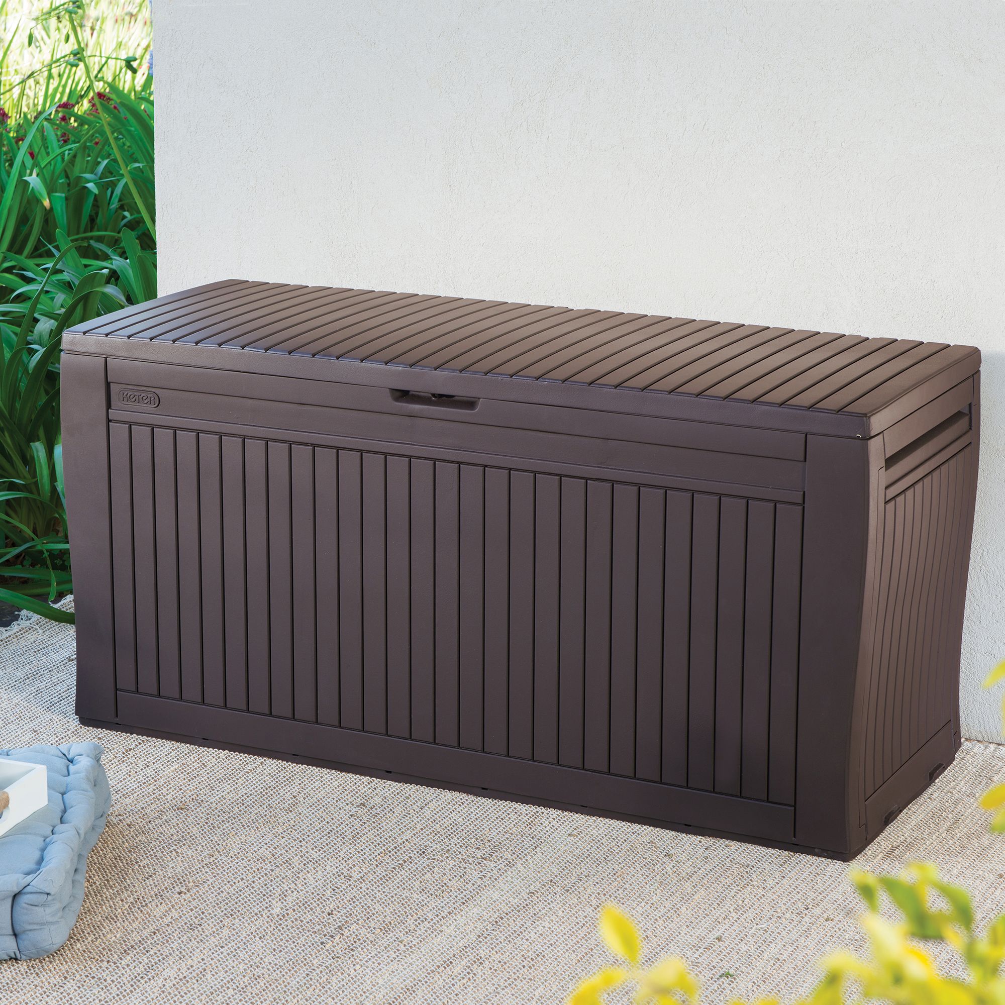 storage box plastic garden diy outdoor patio furniture wood brown effect keter outside comfy deck resin sherwood cm bq chairs