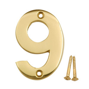 Polished Brass effect Metal House number 9  (H)75mm (W)48mm