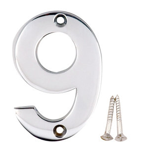Polished Chrome effect Brass House number 9  (H)75mm (W)48mm