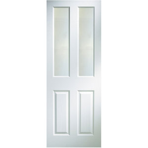4 panel Frosted Glazed Primed White Woodgrain effect LH & RH Internal Door  (H)1981mm (W)686mm