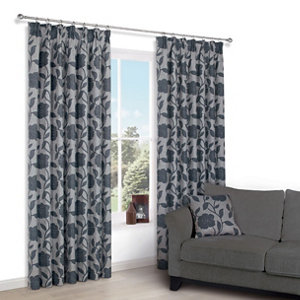 Chamique Grey Floral applique Lined Pencil pleat Curtains (W)167cm (L)183cm  Pair