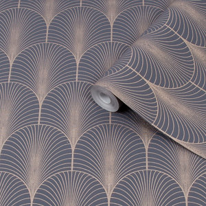 Superfresco Easy Josephine Navy Geometric Metallic effect Smooth Wallpaper