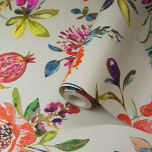 Image of Holden Décor Statement Pomegranate Multicolour Floral Metallic effect Smooth Wallpaper