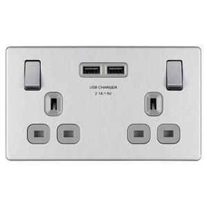 Image of Colours Brushed Steel effect Double USB socket 2 x 2.1A USB