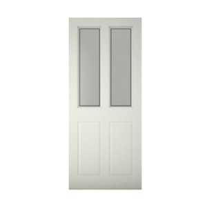 Image of 4 panel Frosted Glazed Primed White LH & RH External Front Door (H)1981mm (W)838mm