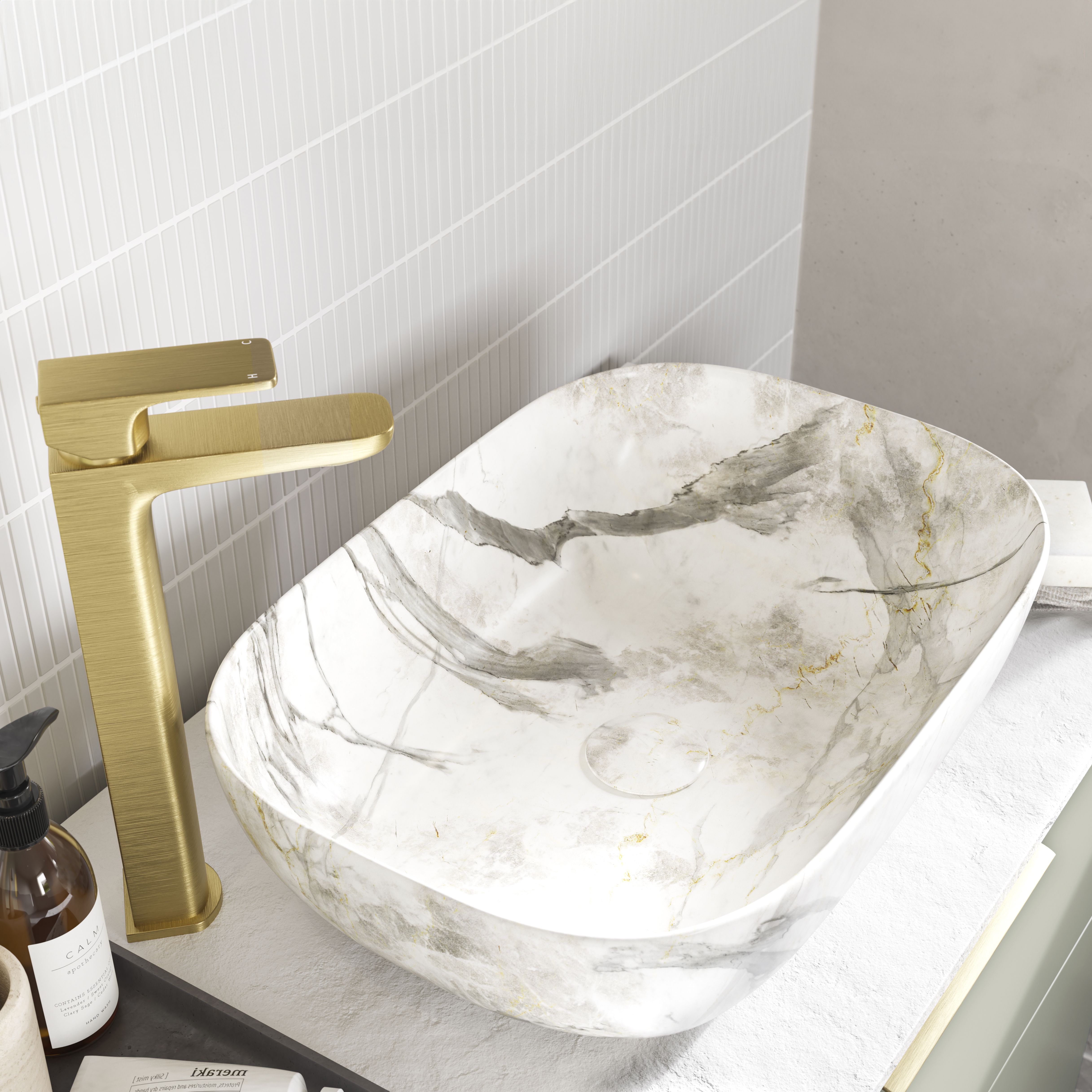 * Collingham White Marble effect Rectangular Single Counter top Basin (W)46cm