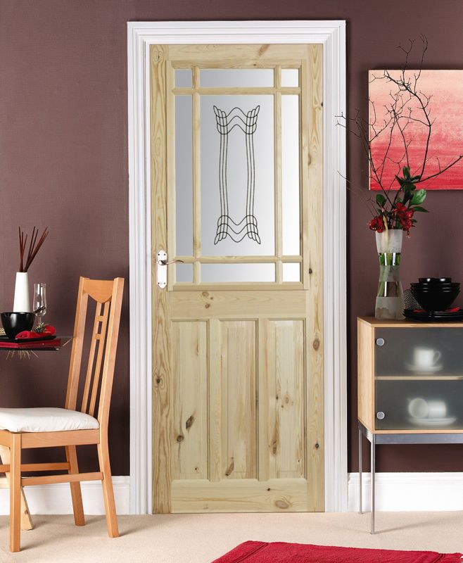 2 panel Screen-printed Glazed Contemporary Internal Knotty pine Door, (H)1981mm (W)838mm (T)35mm