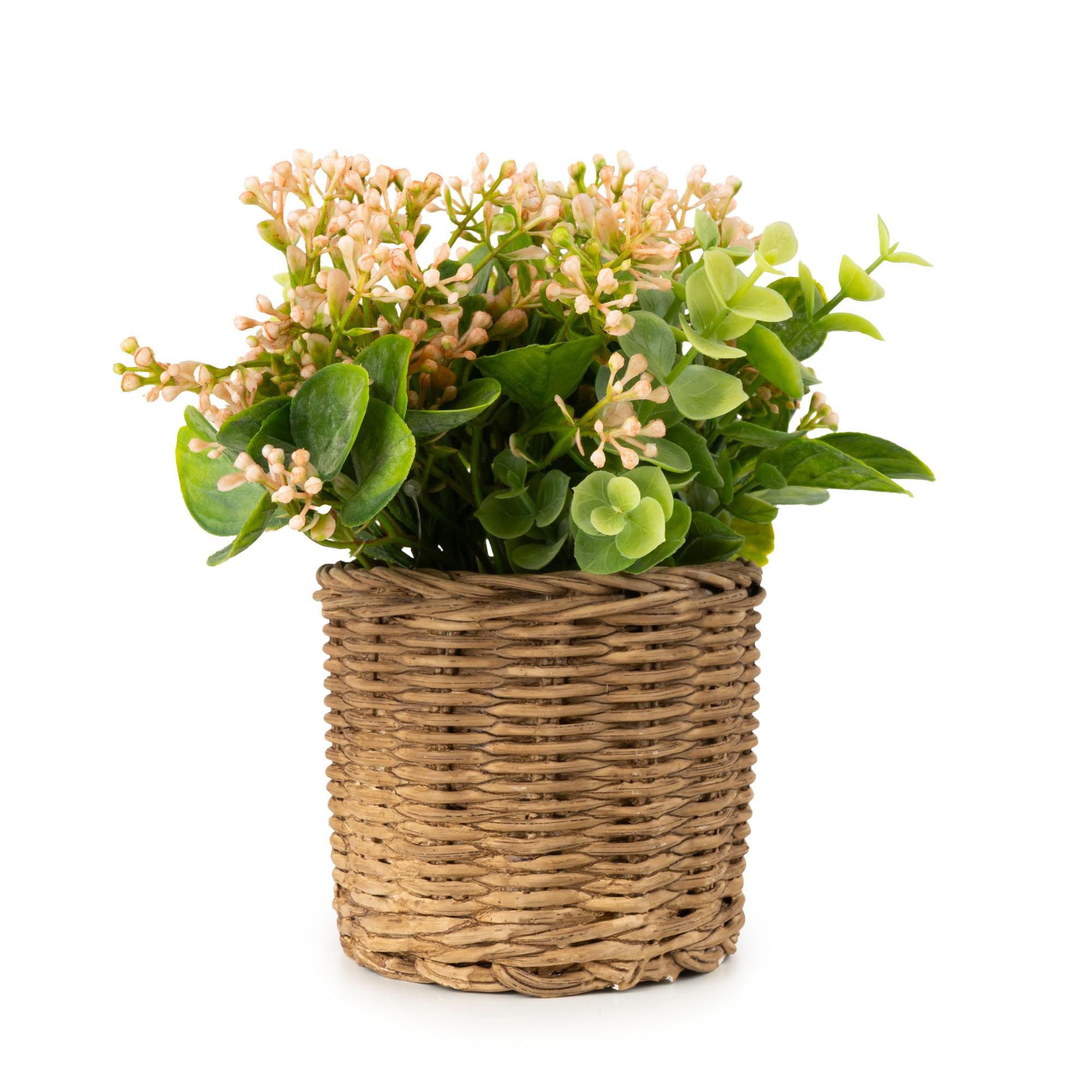 20.3cm Pink Baby Breath & Eucalyptus Artificial floral arrangement in Brown Wicker Basket