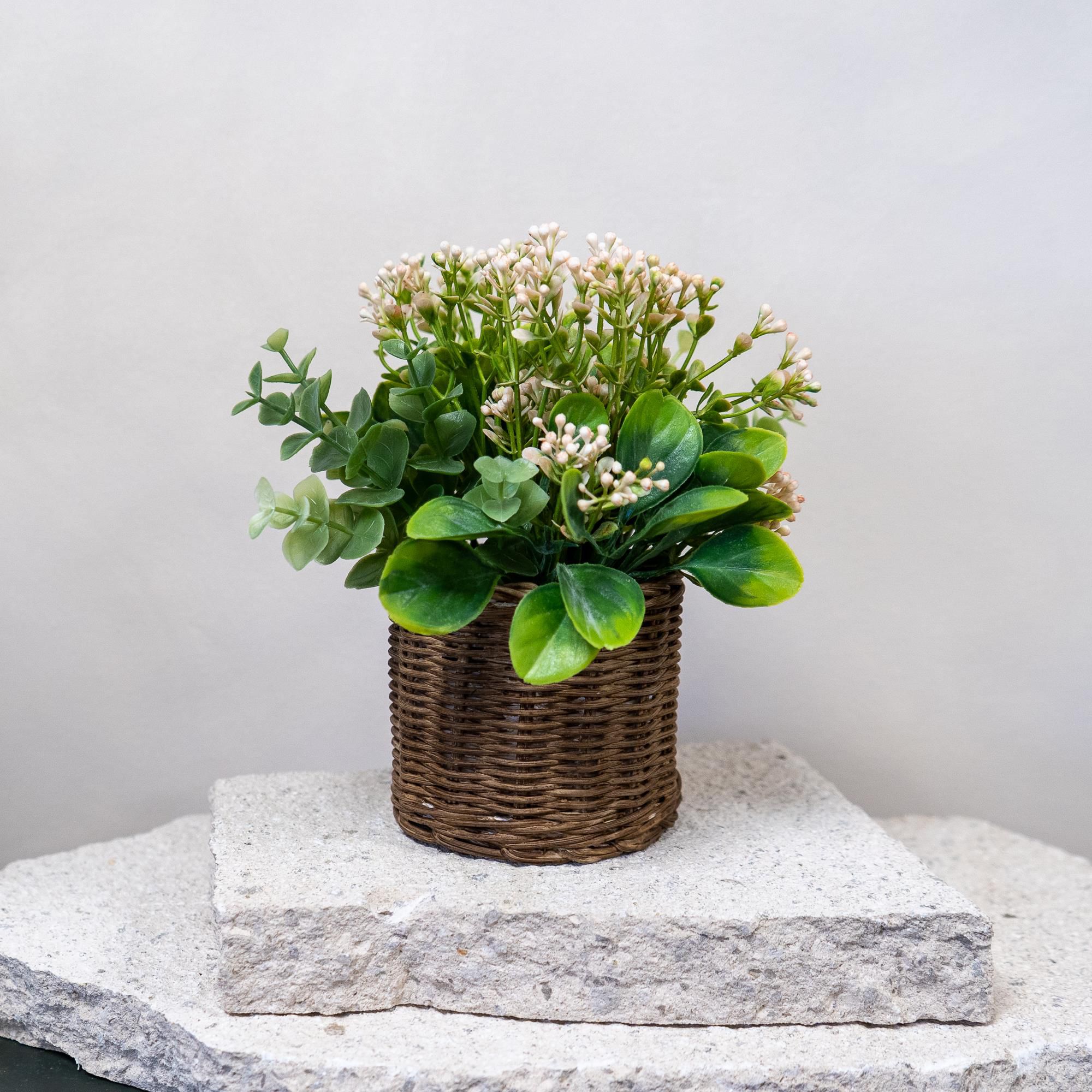 20.3cm Pink Baby Breath & Eucalyptus Artificial floral arrangement in Brown Wicker Basket