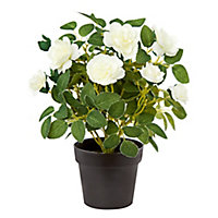 27cm White Rose bush Artificial plant in Black Pot