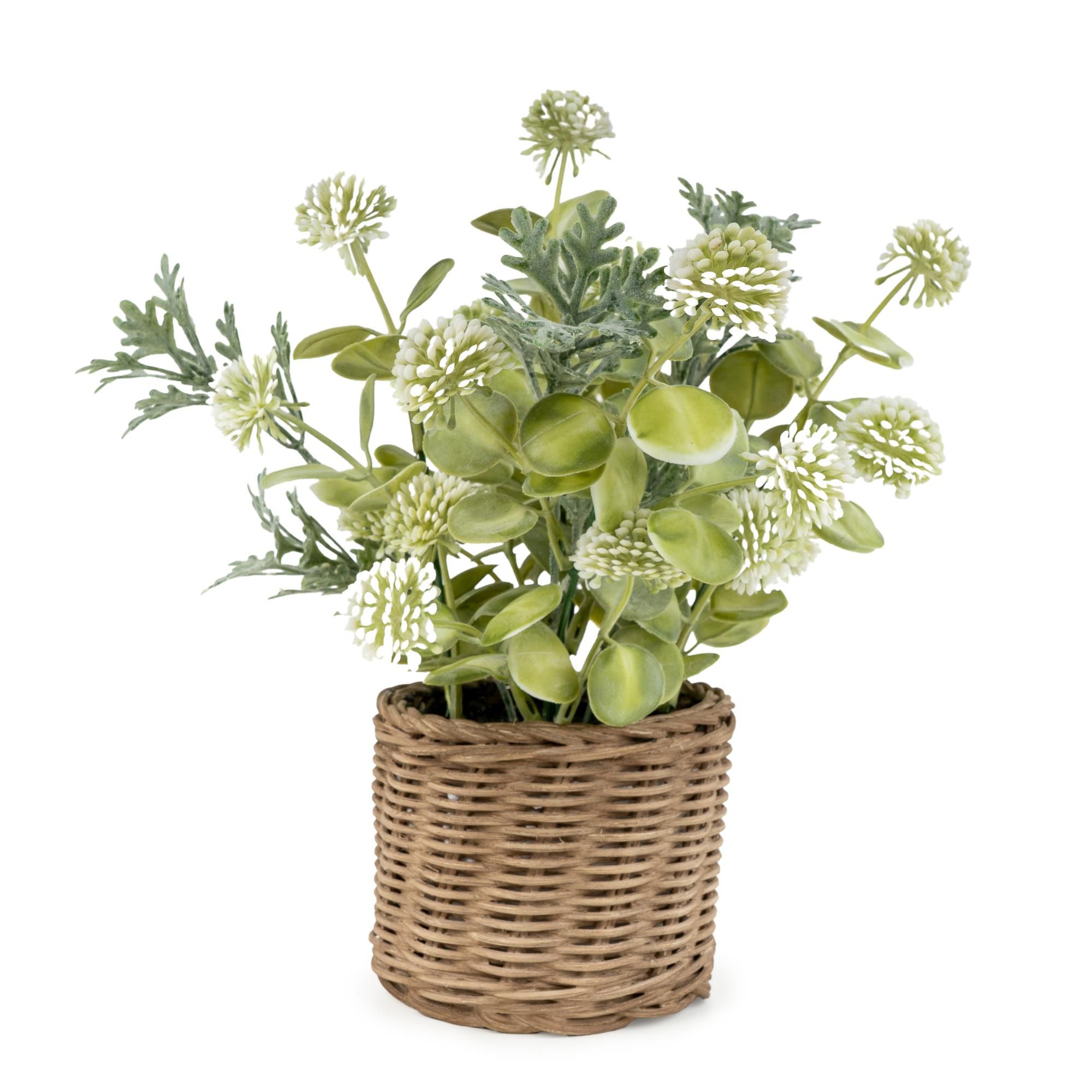 28cm Green & Brown Jonquil Artificial floral arrangement in Brown Wicker Basket