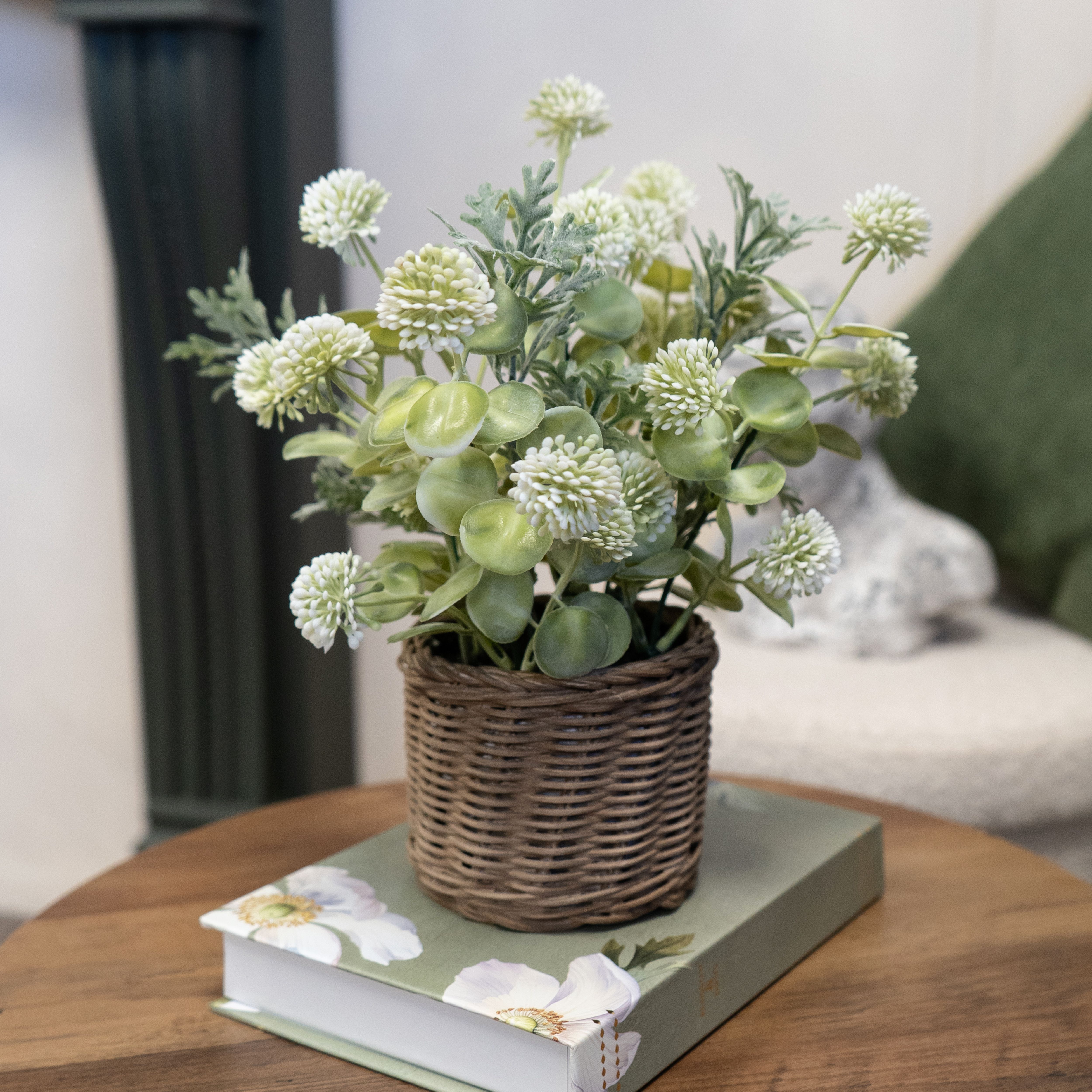 28cm Green & Brown Jonquil Artificial floral arrangement in Brown Wicker Basket