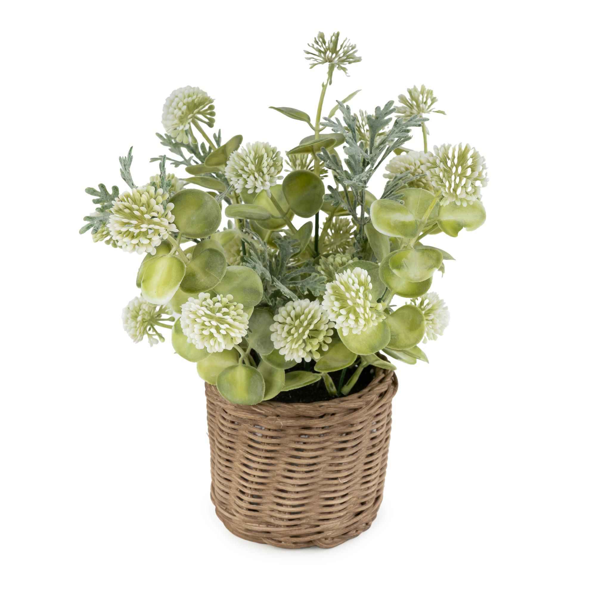28cm Green & Brown Jonquil Artificial floral arrangement in Brown Wicker Basket
