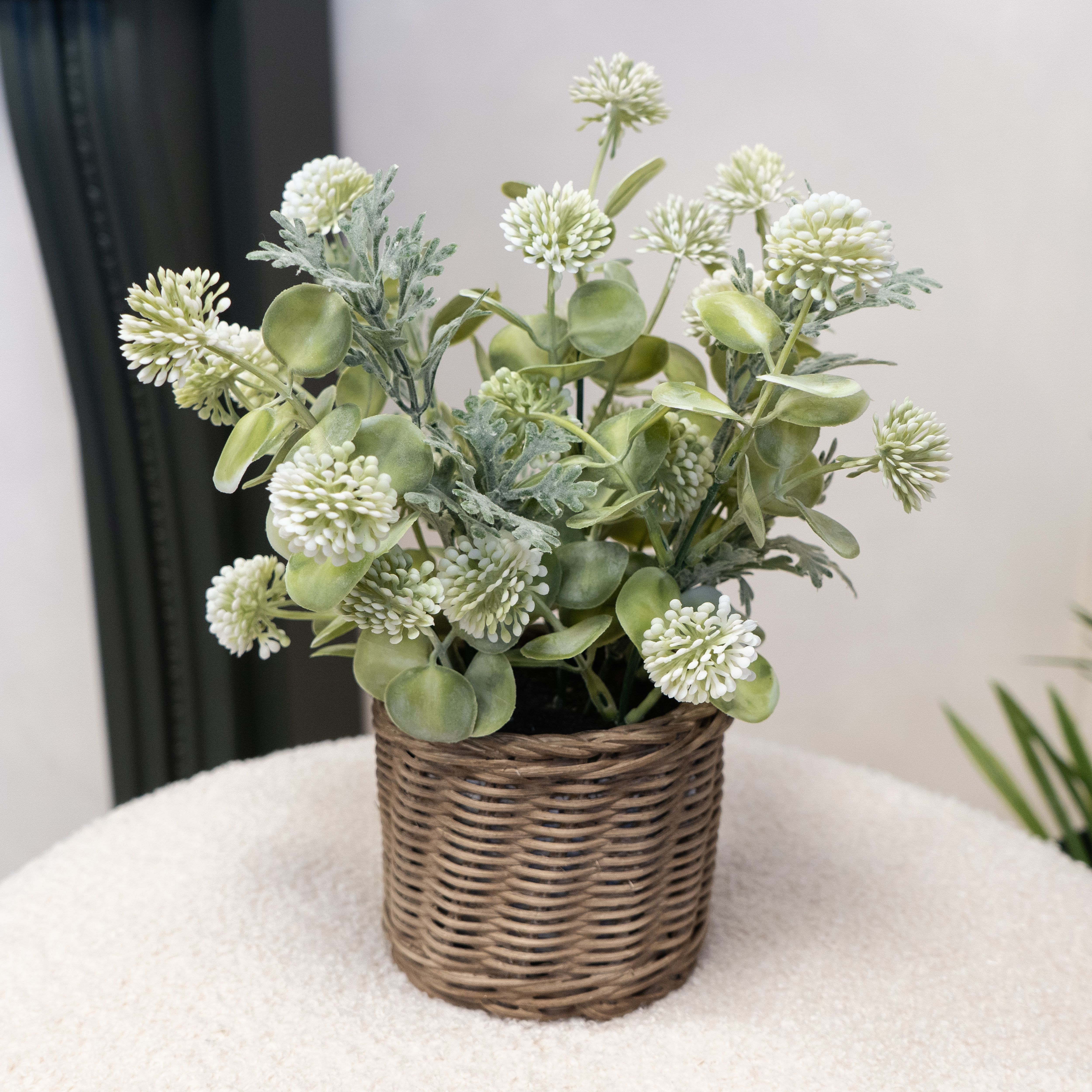 28cm Green & Brown Jonquil Artificial floral arrangement in Brown Wicker Basket