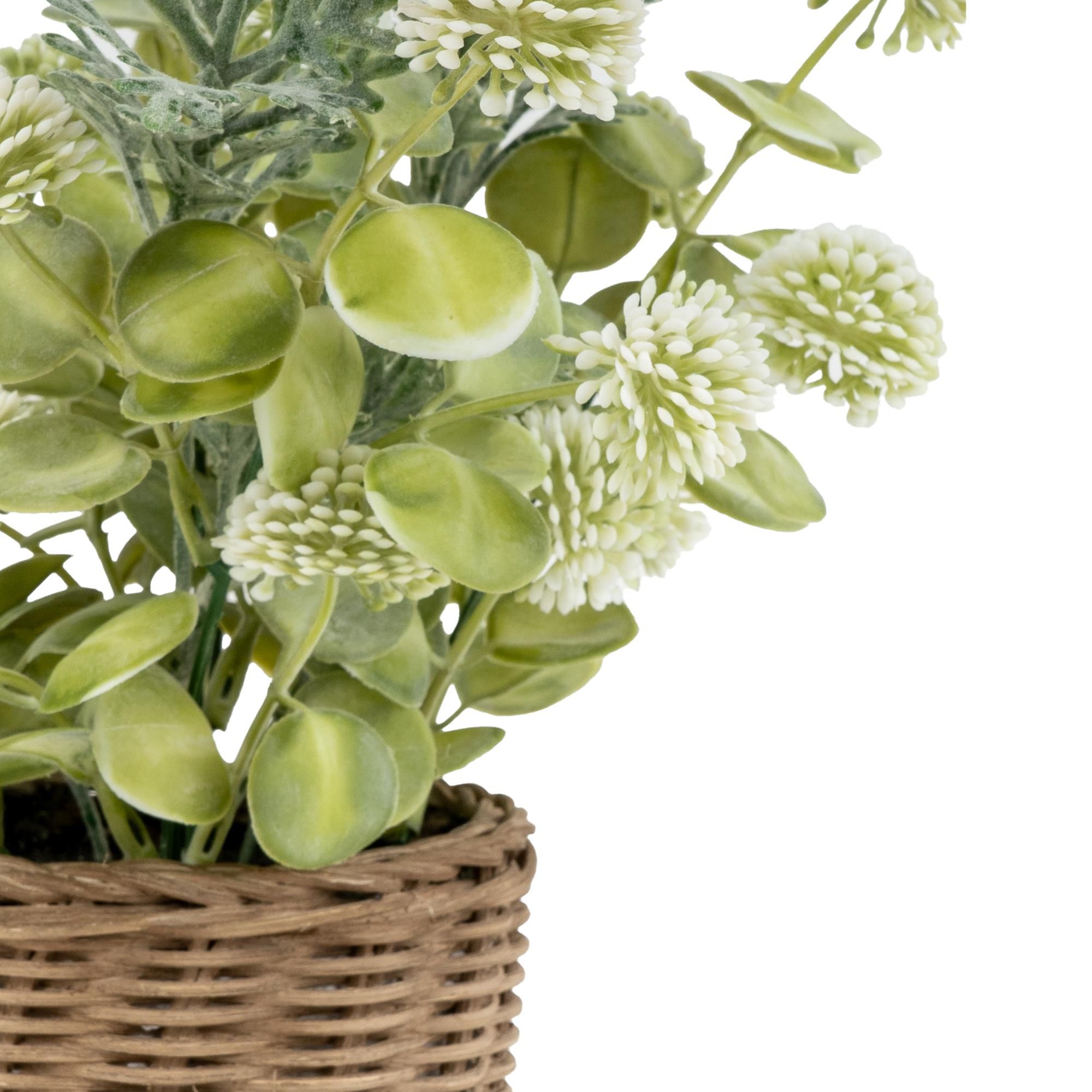 28cm Green & Brown Jonquil Artificial floral arrangement in Brown Wicker Basket