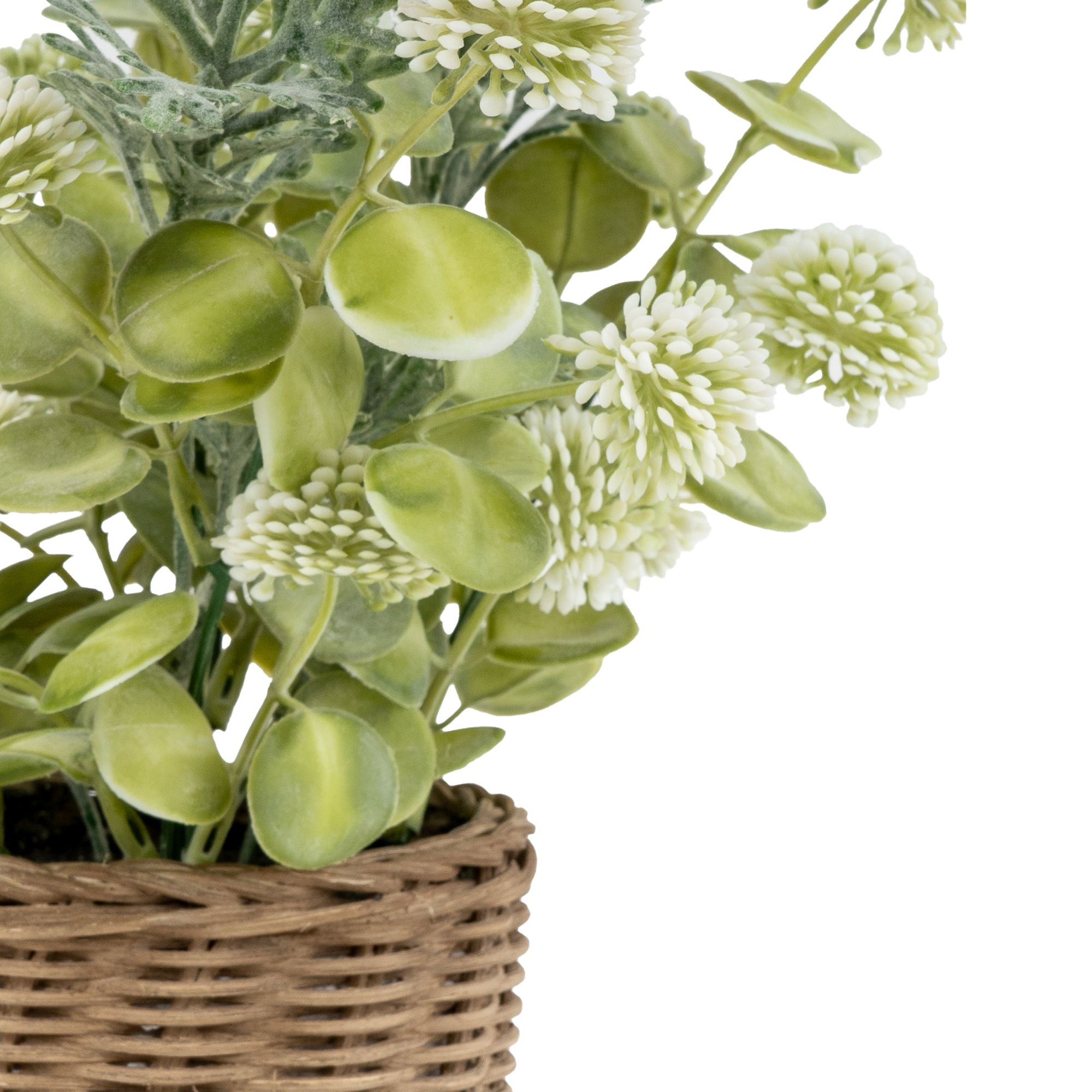 28cm Green & Brown Jonquil Artificial floral arrangement in Brown Wicker Basket