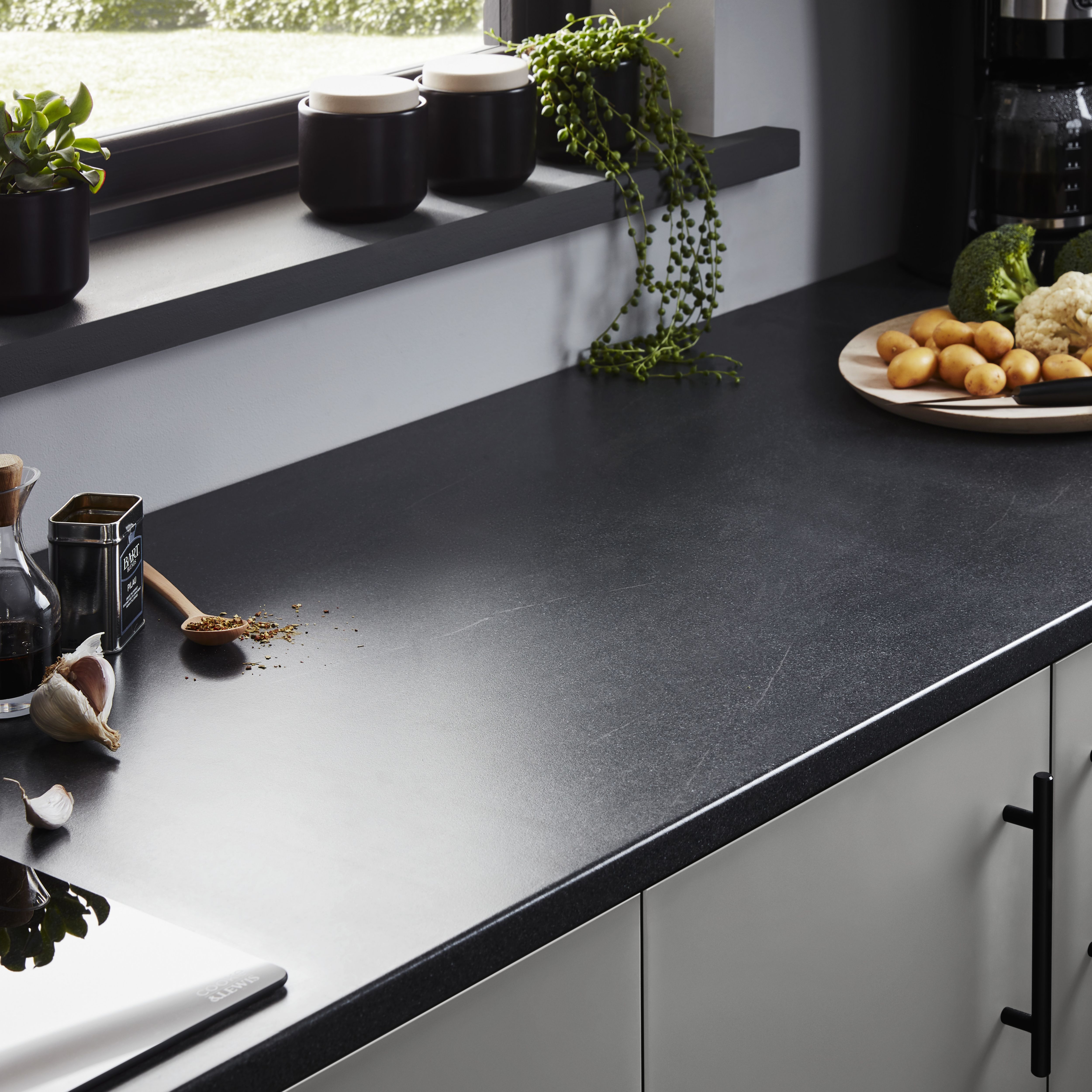 28mm Matt Dark grey Stone effect Laminate & particle board Post-formed Kitchen Worktop, (L)2400mm
