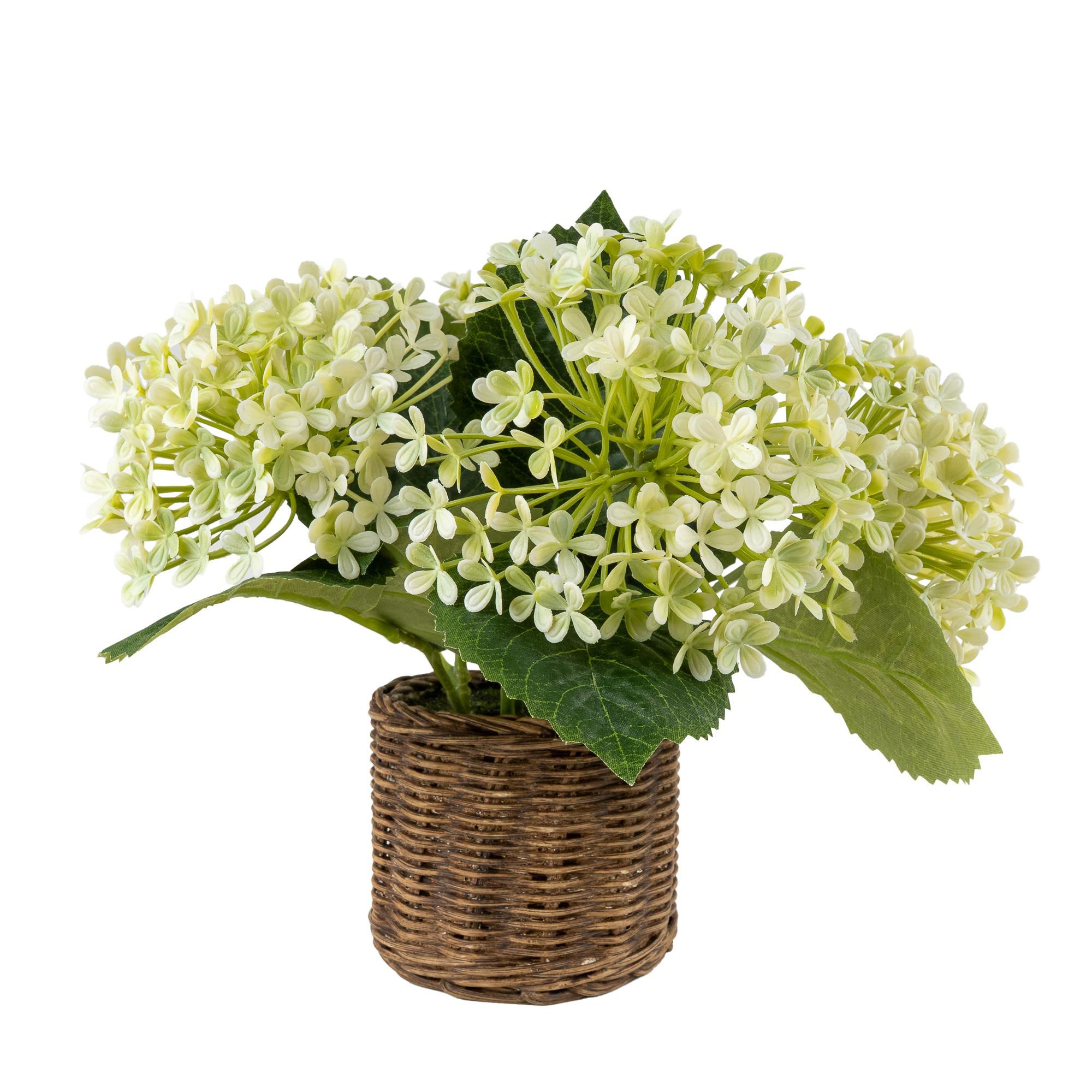 30.5cm White Hydrangea Artificial floral arrangement in Brown Wicker Basket