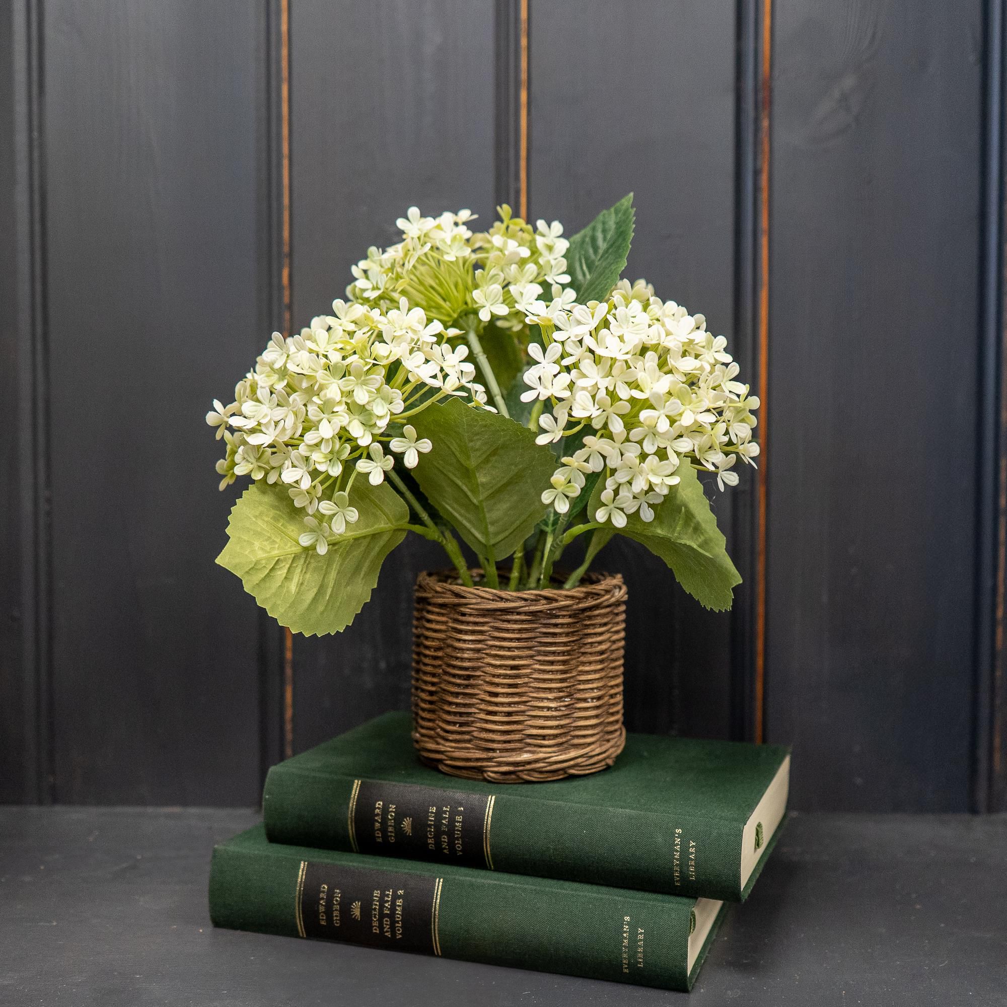 30.5cm White Hydrangea Artificial floral arrangement in Brown Wicker Basket