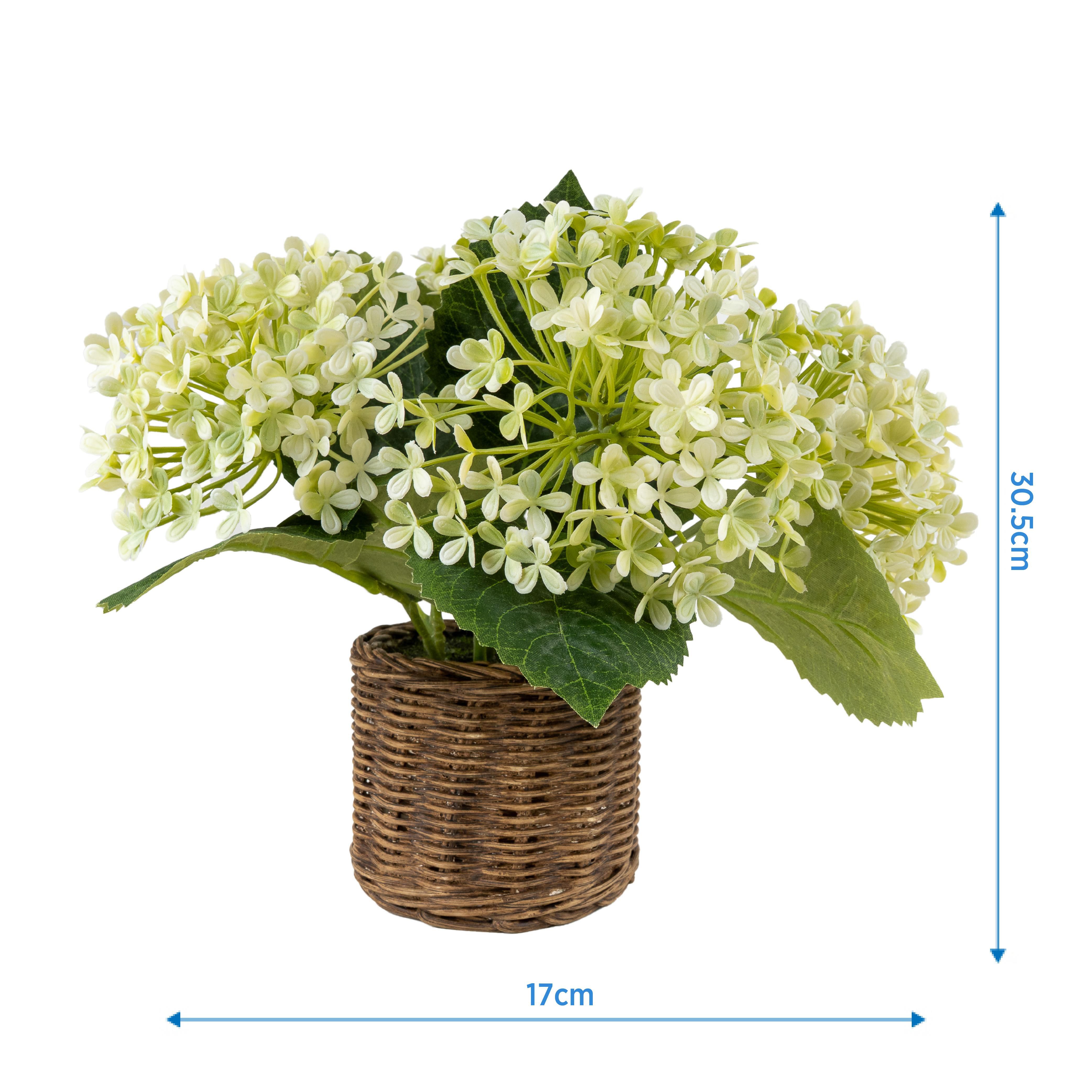 30.5cm White Hydrangea Artificial floral arrangement in Brown Wicker Basket