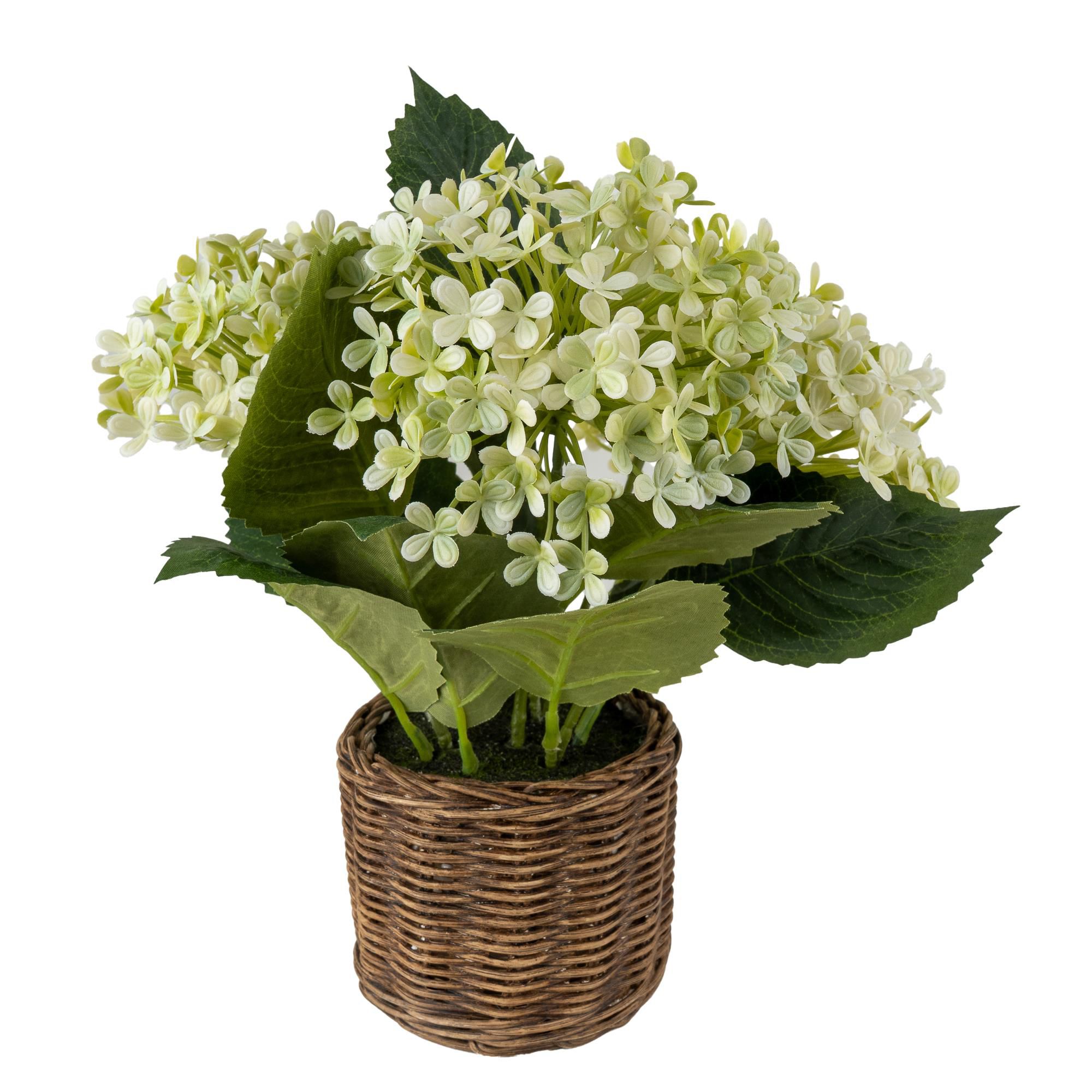 30.5cm White Hydrangea Artificial floral arrangement in Brown Wicker Basket
