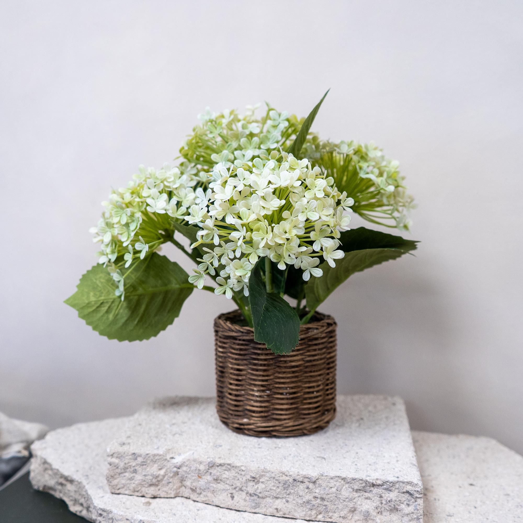 30.5cm White Hydrangea Artificial floral arrangement in Brown Wicker Basket