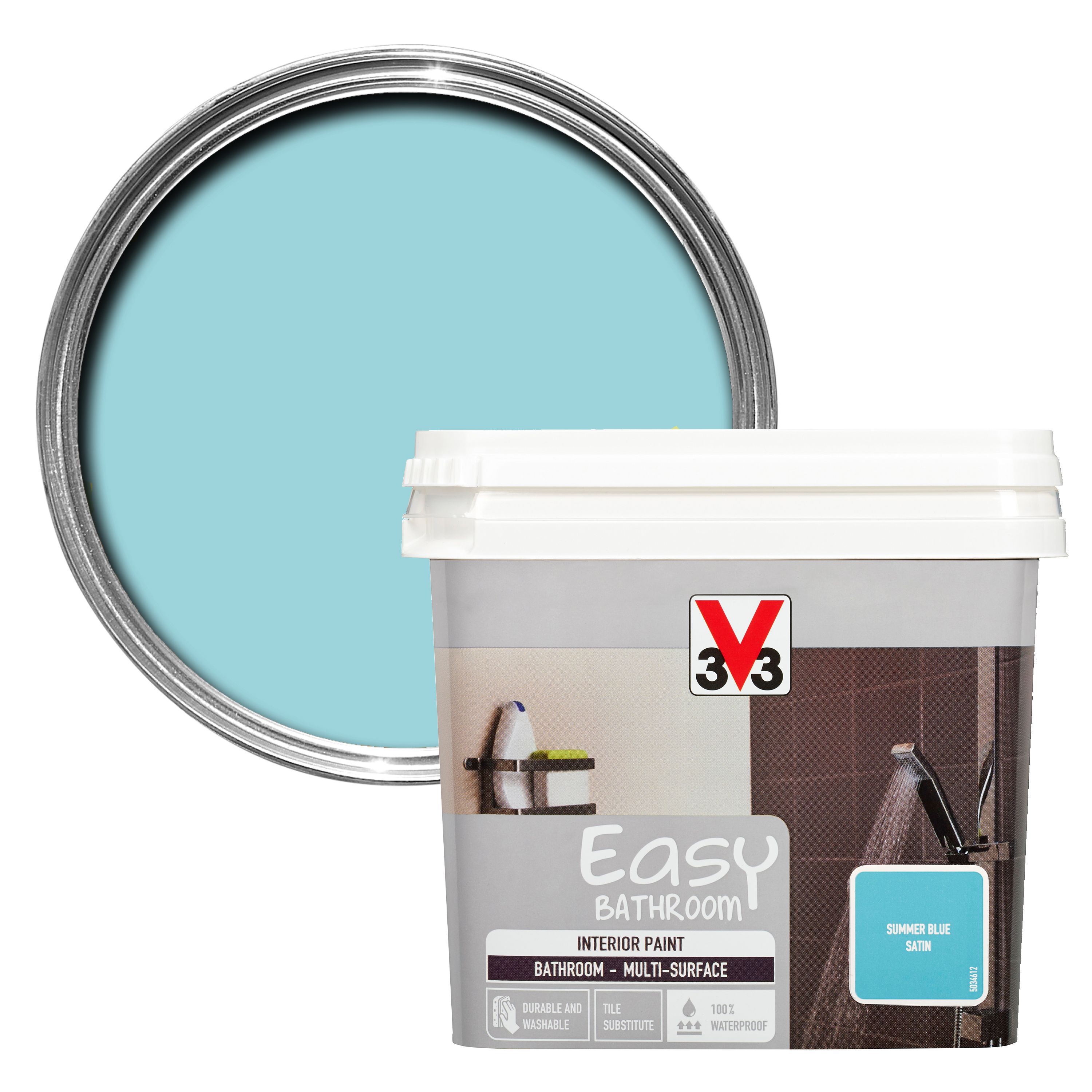 V33 Easy Summer Blue Satin Bathroom Paint 0.75L Departments DIY at B&Q