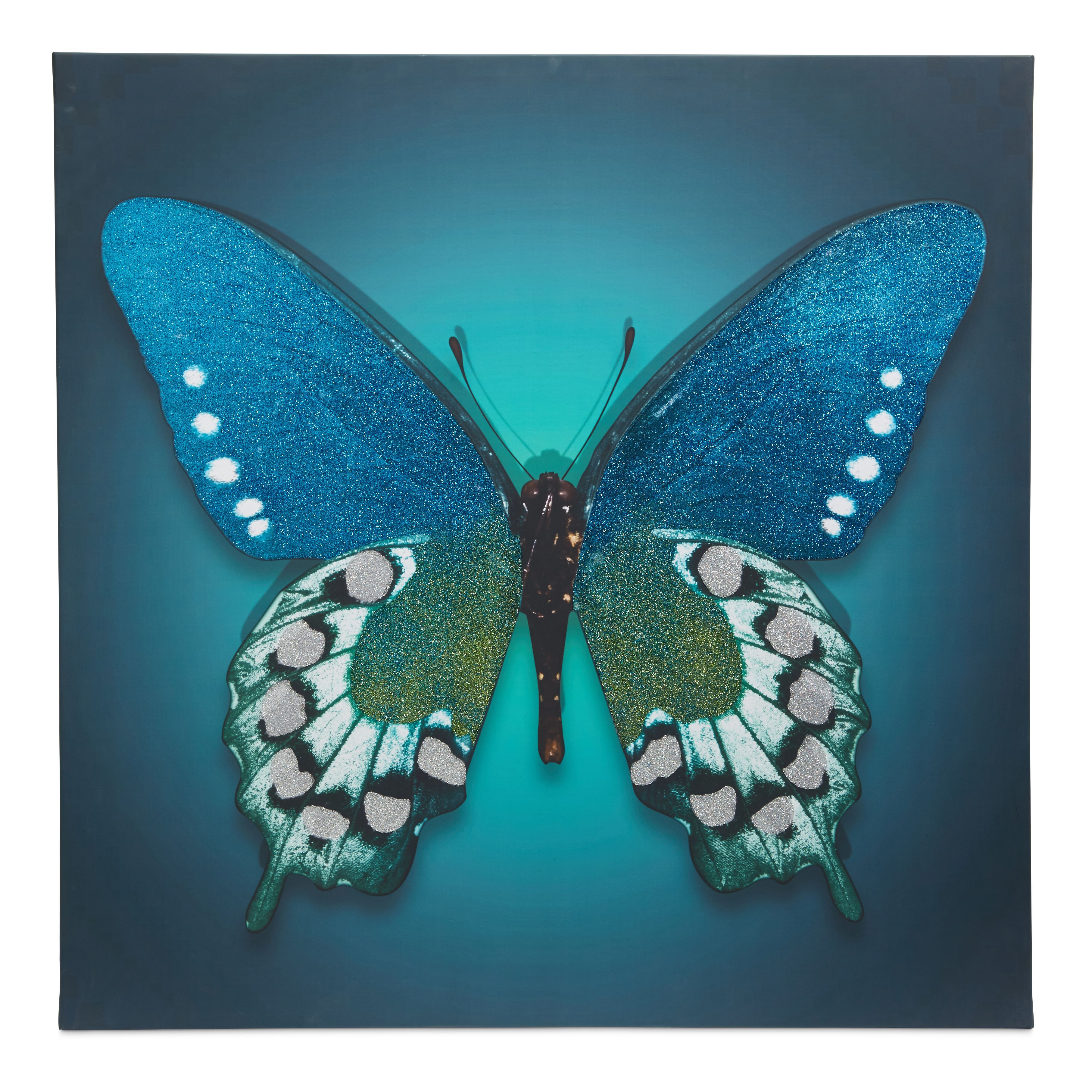 Butterfly Blue Glitter canvas (W)750mm (H)750mm Departments DIY at B&Q