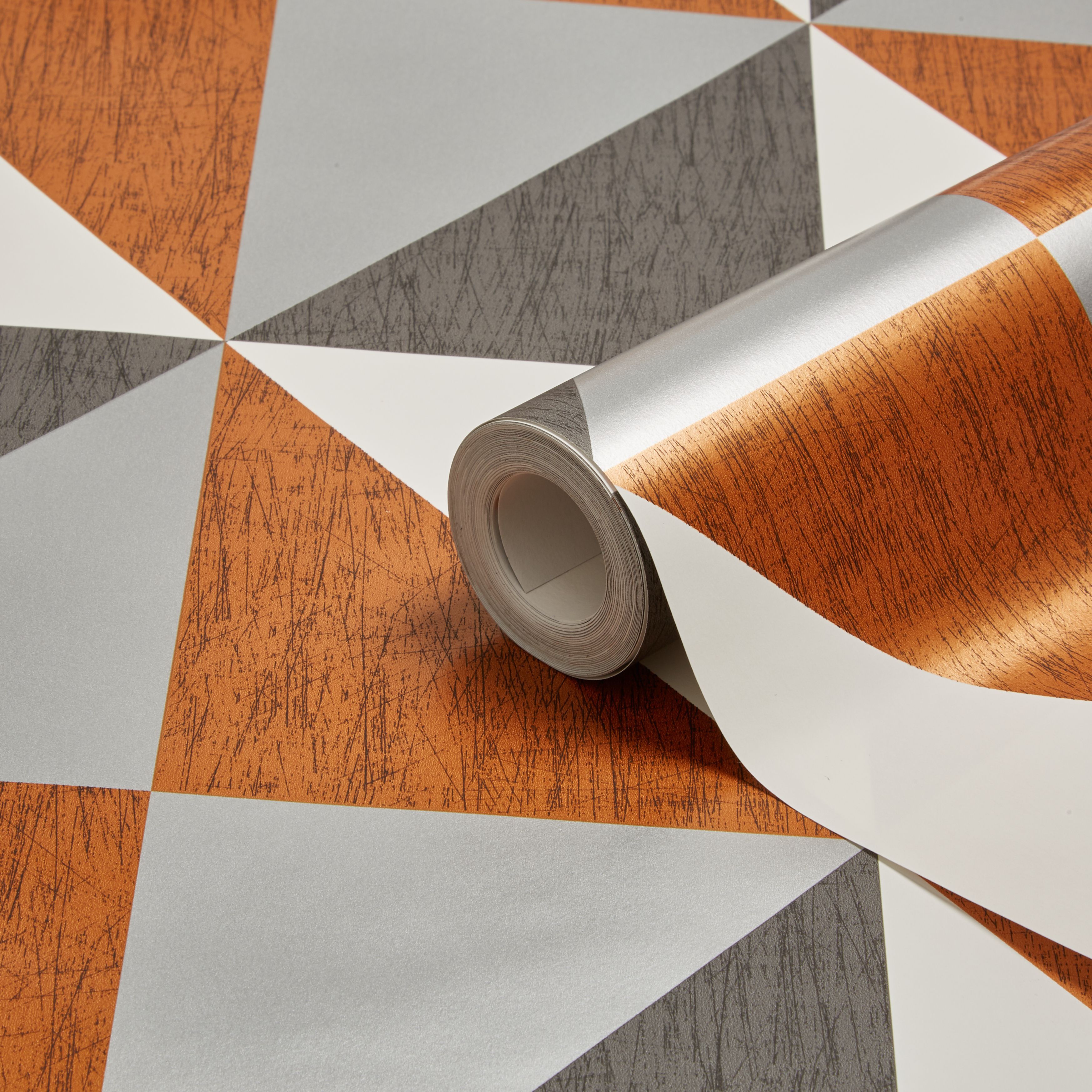 Colours Mosaic Copper, Navy & Pewter Geometric Metallic Wallpaper