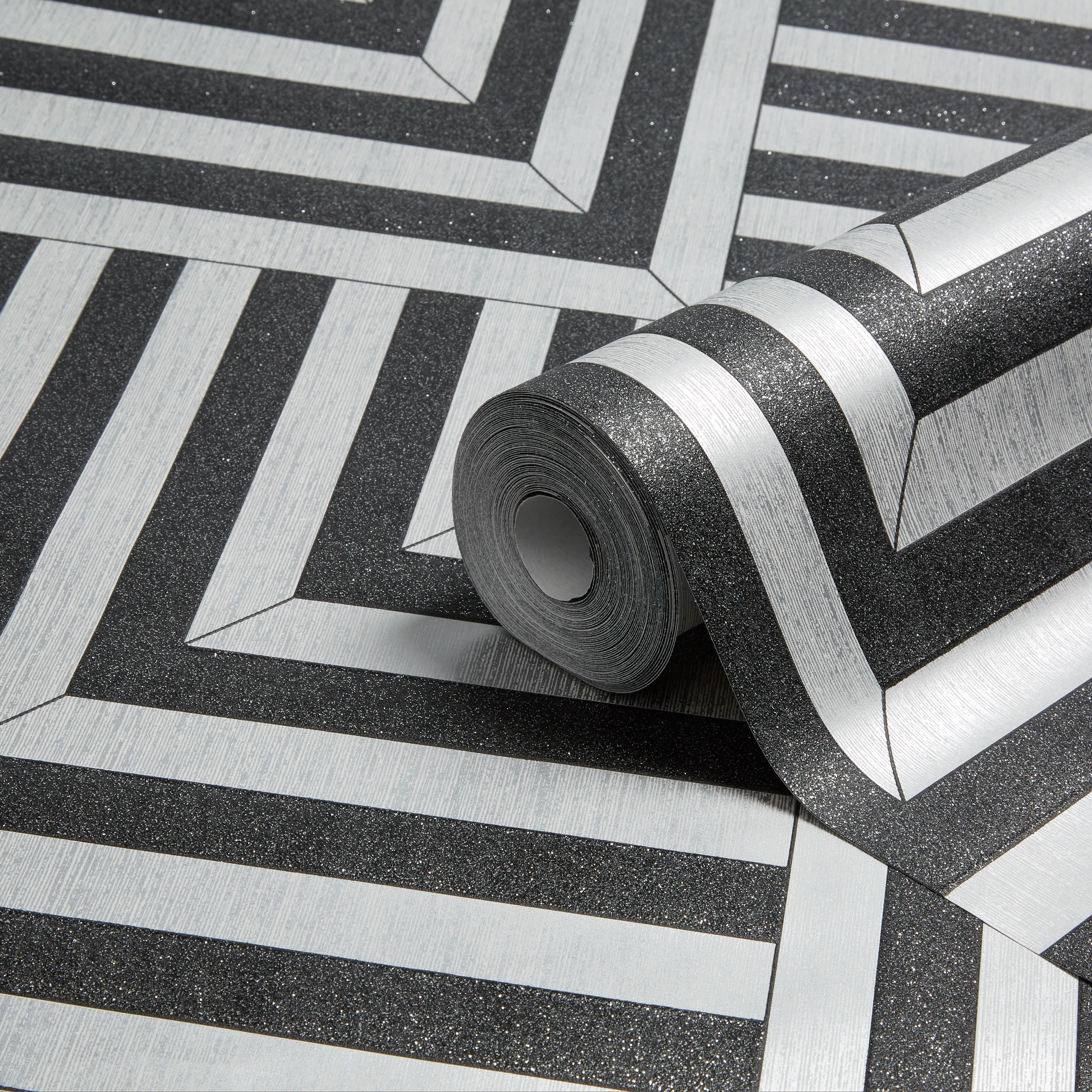 Colours Maze Black & silver Geometric Glitter effect Wallpaper