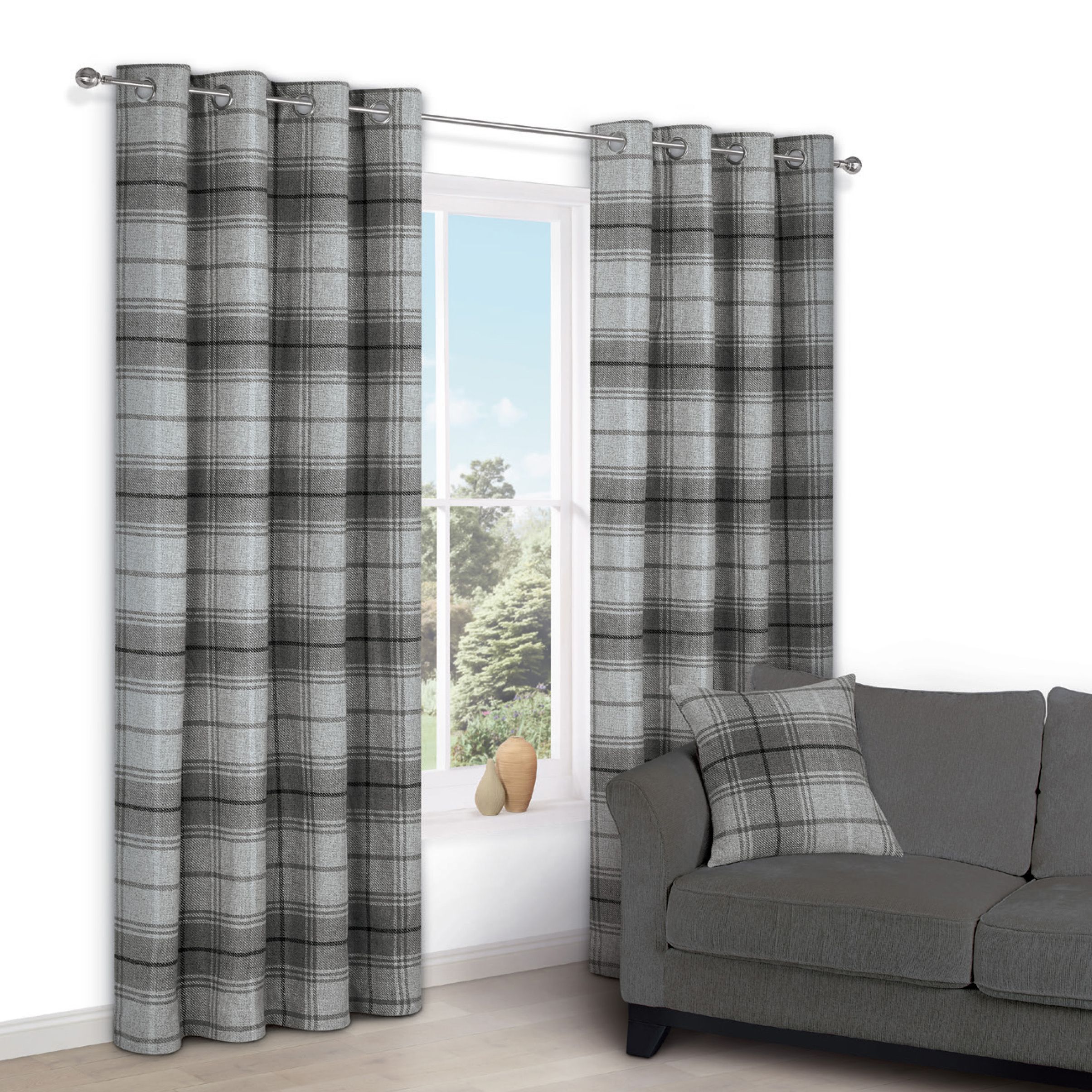Lamego Grey Check Eyelet Lined Curtains (W)167 cm (L)183 cm