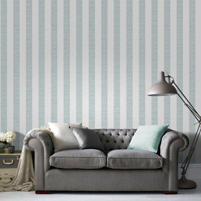 Duck Egg Striped Wallpaper Departments Diy At B Q