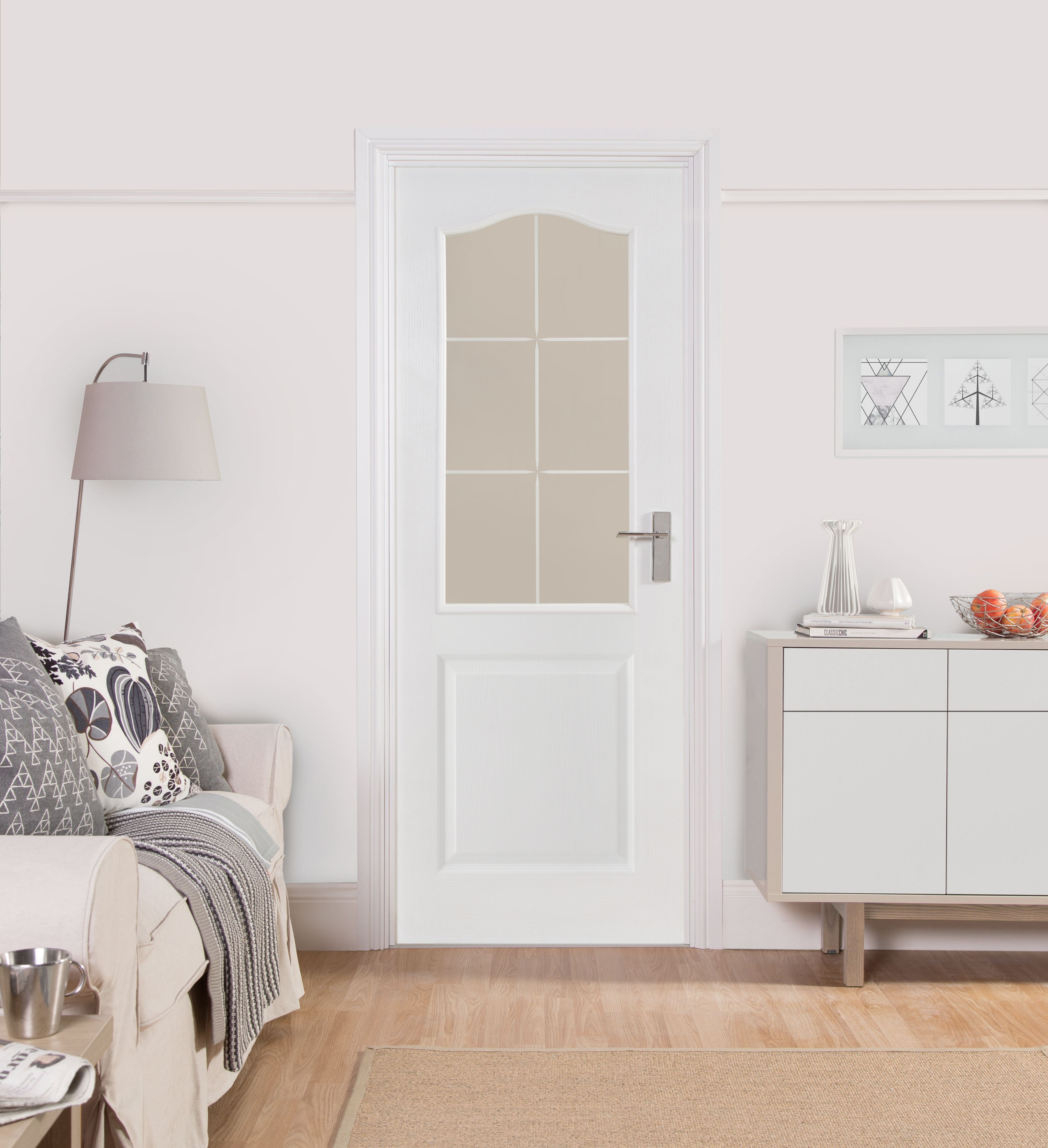 2 panel 6 Lite Etched Glazed Arched Prepainted White Internal Door, (H)1981mm (W)762mm