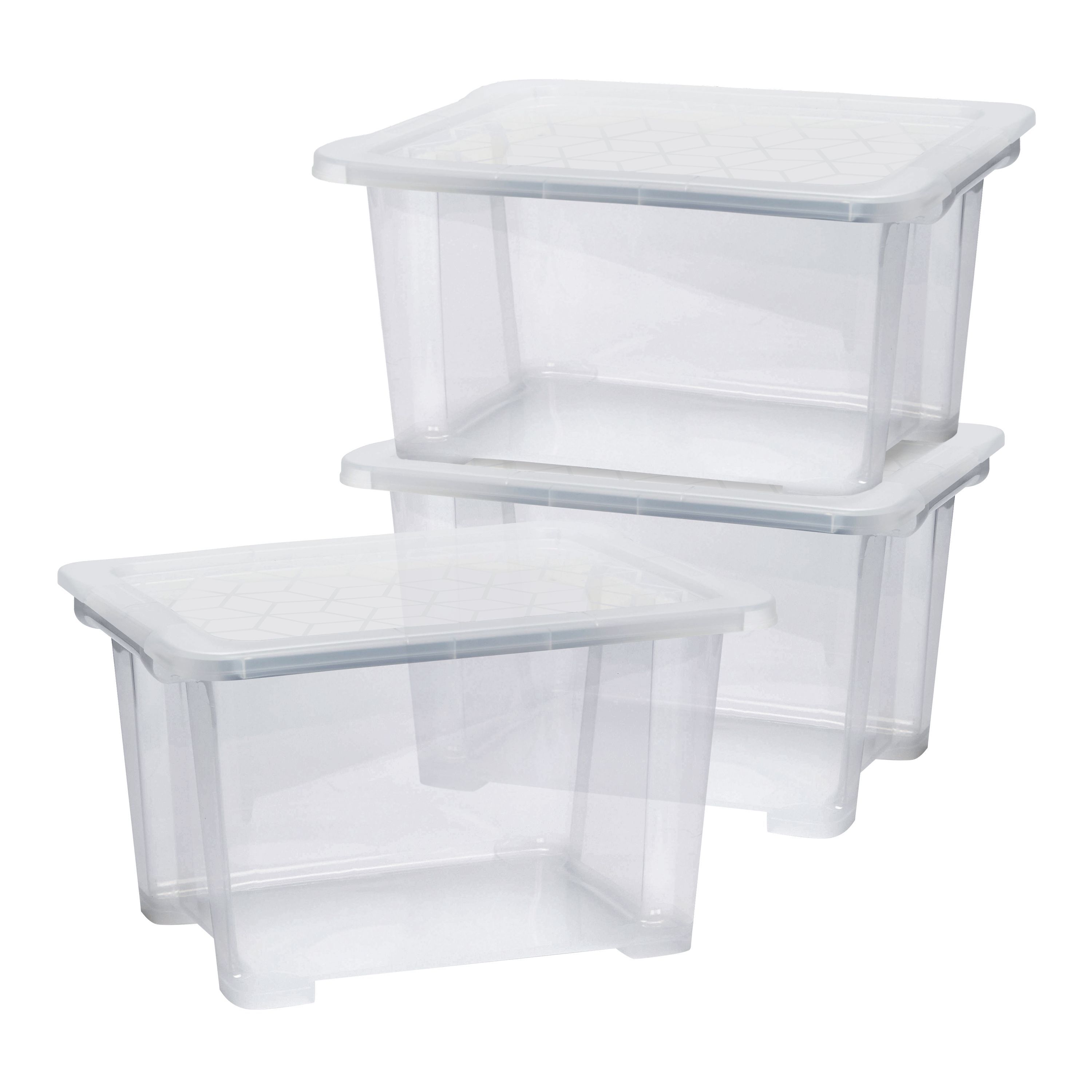 Kaze Clear 15L Plastic Small Stackable Storage boxes & lids, Pack of 3