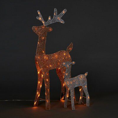 Led Champagne & Silver Effect Freestanding Reindeer Adult & Baby