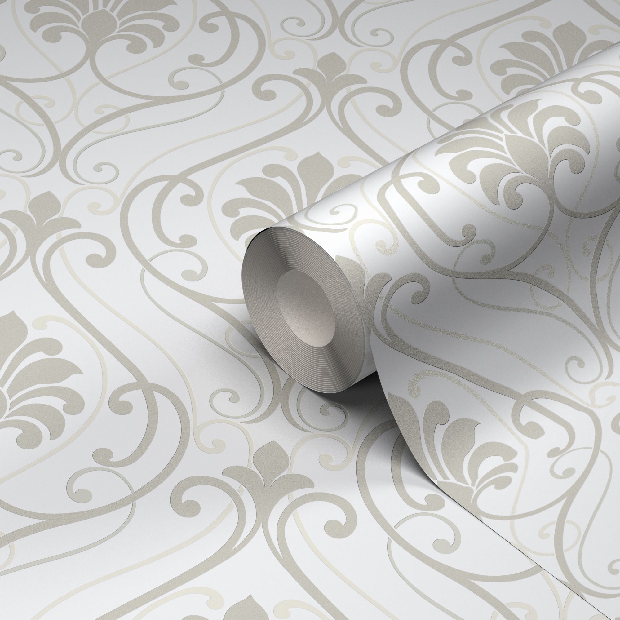 Blain Taupe & white Damask Textured Wallpaper | Departments | DIY at B&Q