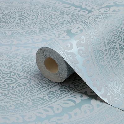 Celosi Blue Damask Metallic effect Textured Wallpaper